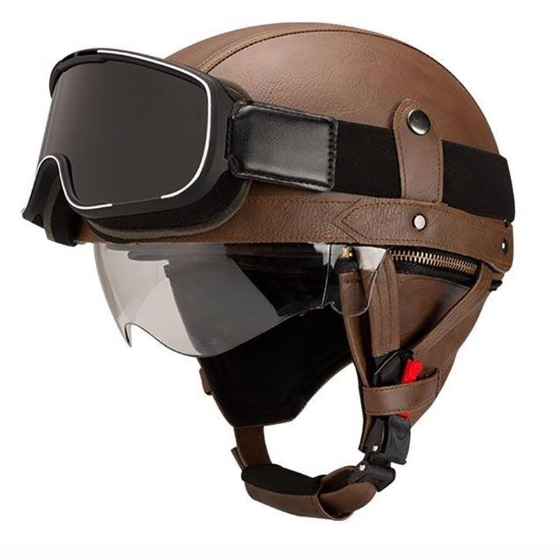 Vintage-Motorradhelm Aus Leder Retro-Halbhelm Im Deutschen Stil Offener Motorradhelm Mit Schutzbrille Und Herunterklappbarer Sonnenlinse Unisex D,L(60-61CM) von GAOZITAIGZ