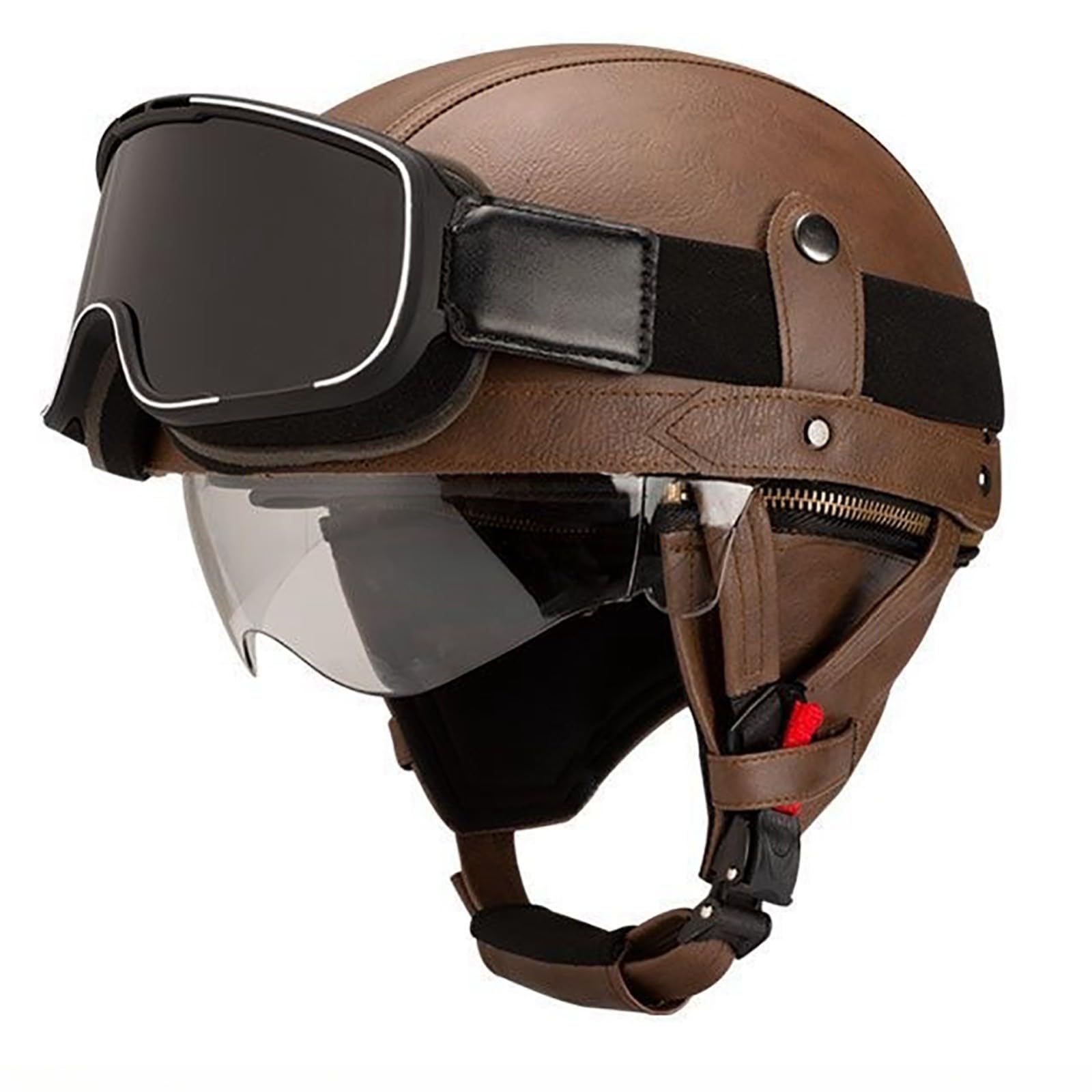 Vintage-Motorradhelm Aus Leder Retro-Halbhelm Im Deutschen Stil Offener Motorradhelm Mit Schutzbrille Und Herunterklappbarer Sonnenlinse Unisex D,M(57-59CM) von GAOZITAIGZ