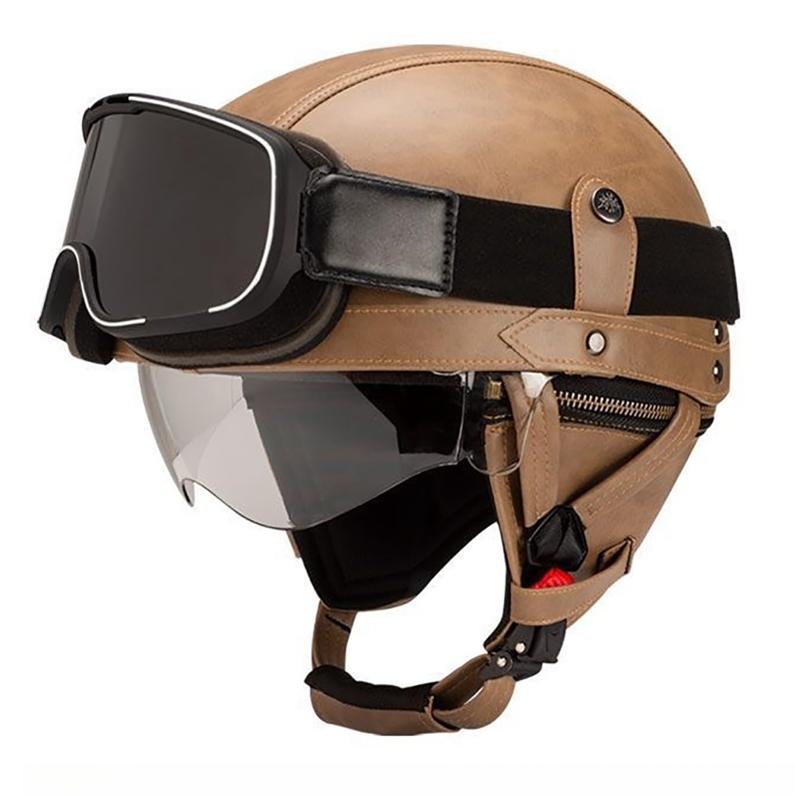 Vintage-Motorradhelm Aus Leder Retro-Halbhelm Im Deutschen Stil Offener Motorradhelm Mit Schutzbrille Und Herunterklappbarer Sonnenlinse Unisex E,L(60-61CM) von GAOZITAIGZ