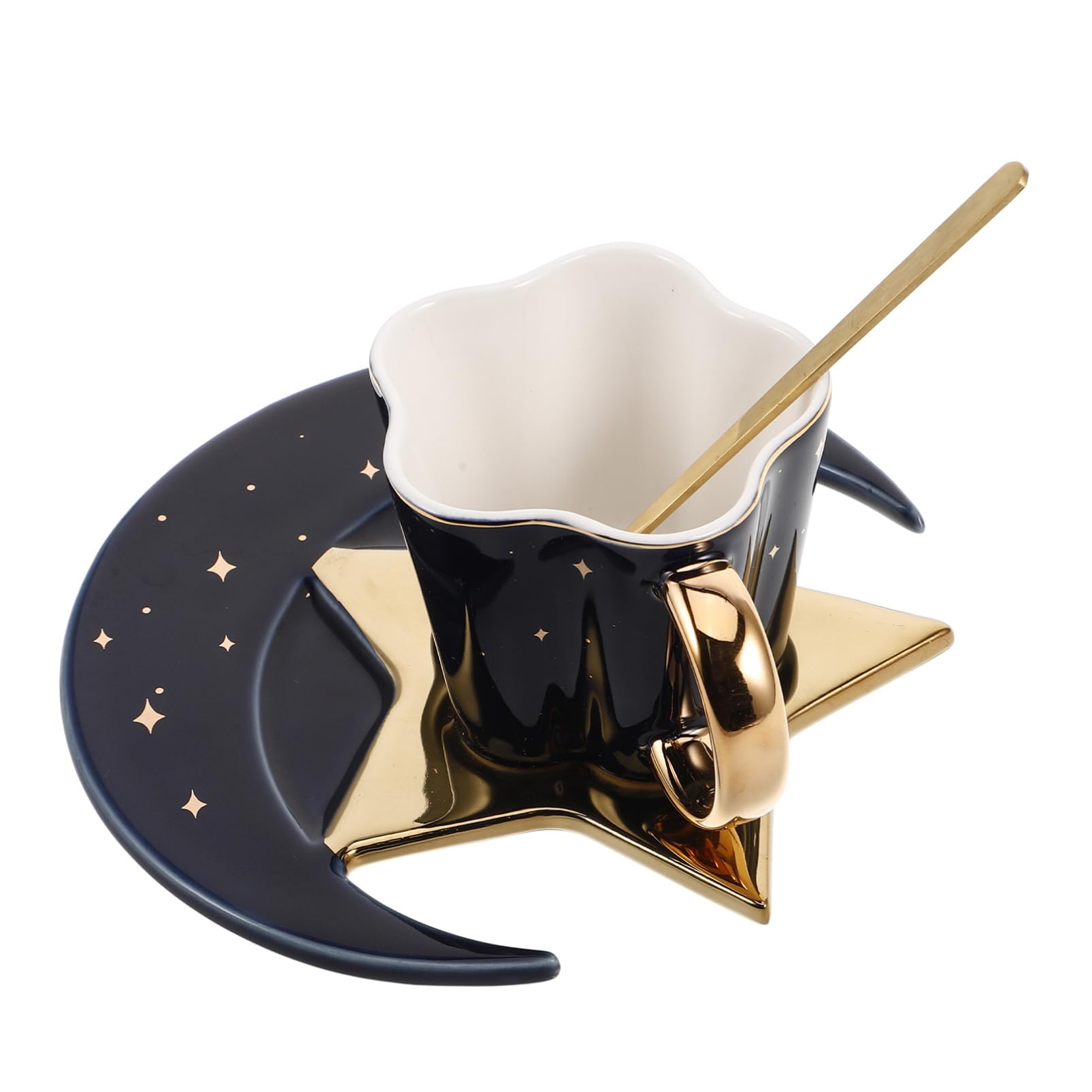 GARVALON 1 Set Mond Sterne Becher Keramik Kaffeetasse Mit Untertasse Und Löffel Set Goldenen Griff Porzellan Becher Nachmittagstee Wasser Saft Getränke Tasse von GARVALON