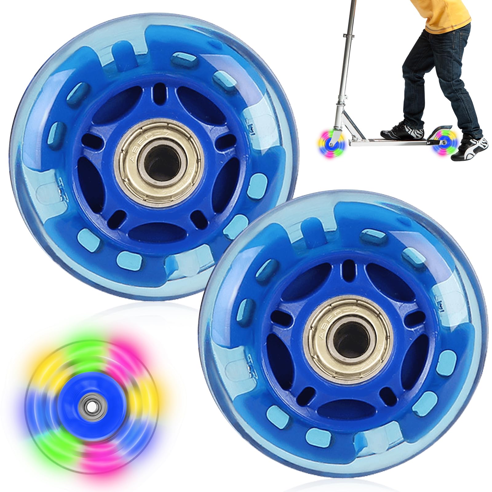 2 Stück 100mm Leuchtende Scooter Räder, 100mm Rollerräder 100mm LED Lichtrollen Led Scooter Ersatzräder Räder mit ABEC, 9 Kugellager, geeignet für alle Roller mit 100mm Rädern (Blau) von GBKDQQ