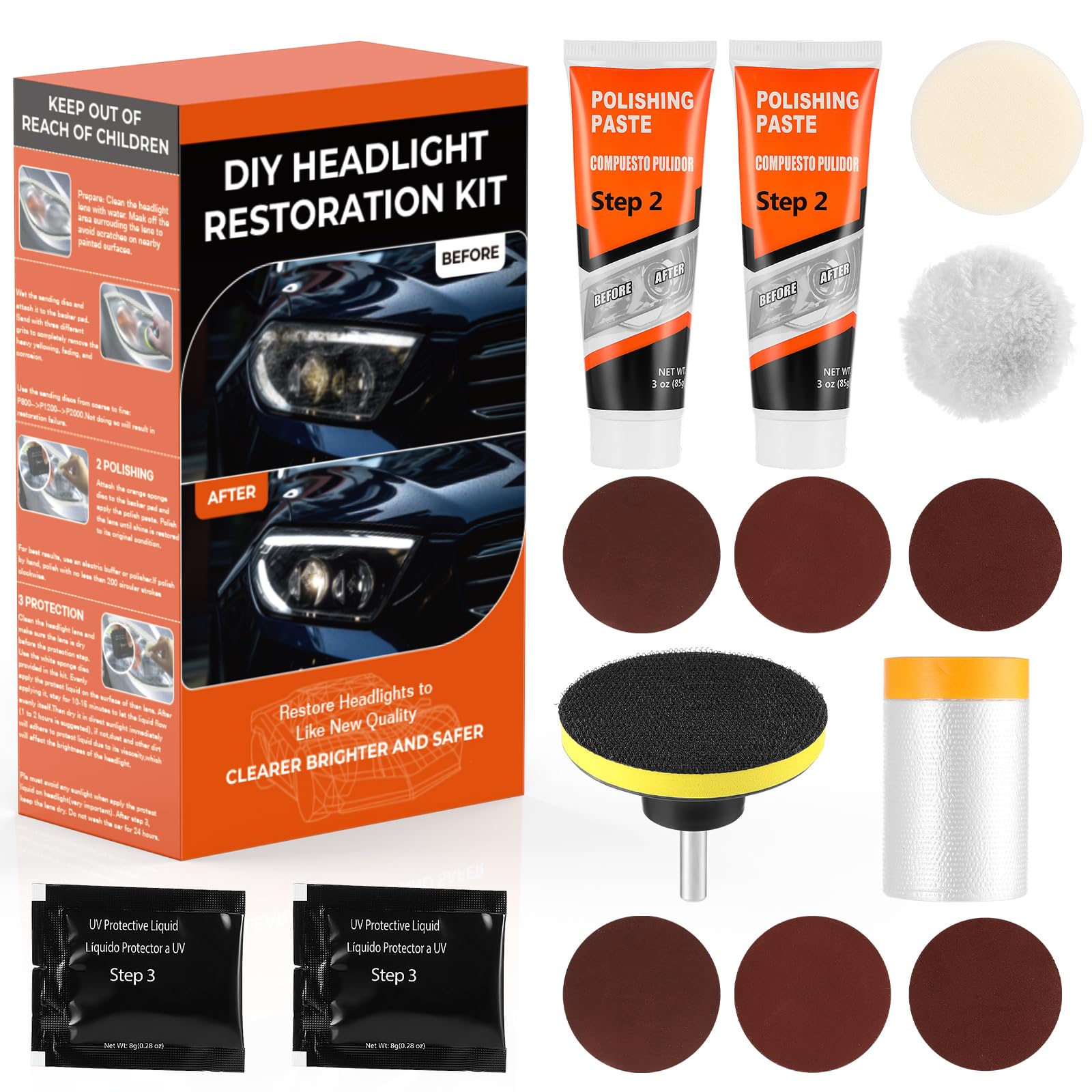 GEAREVER Auto Scheinwerfer Aufbereitung Set, Scheinwerfer Polierset, Reparaturflüssigkeit Restaurierungsset für Autos Fahrräder Motorräder, Autopflege Autozubehör Wartung, Headlight Restoration Kit von GEAREVER