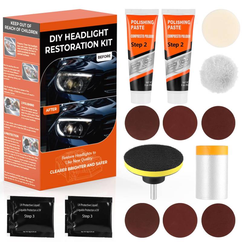 GEAREVER Auto Scheinwerfer Aufbereitung Set, Scheinwerfer Polierset, Reparaturflüssigkeit Restaurierungsset für Autos Fahrräder Motorräder, Autopflege Autozubehör Wartung, Headlight Restoration Kit von GEAREVER