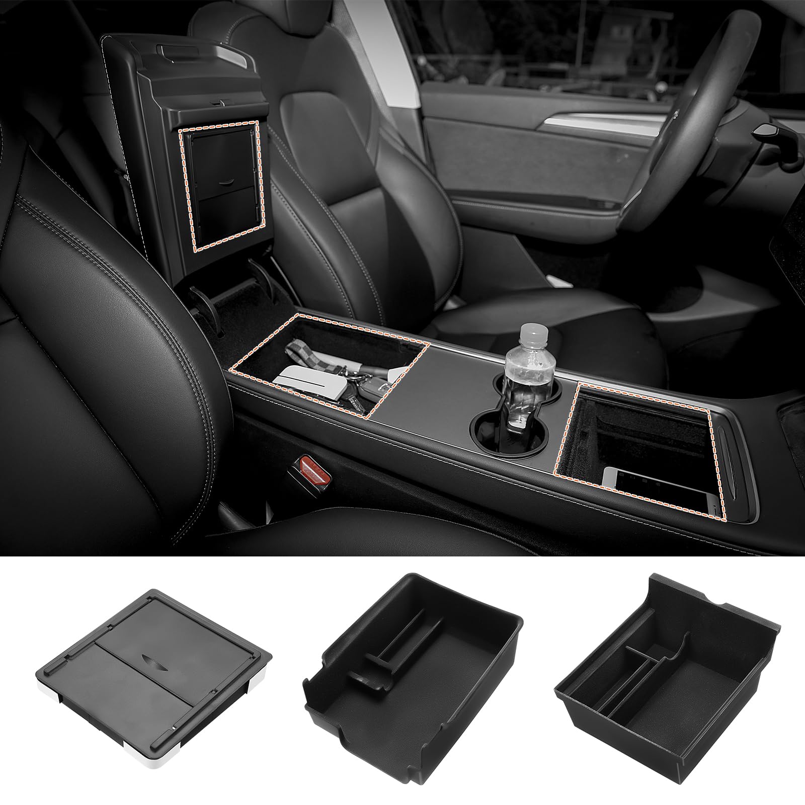 GEARMONSTER 3 PCS Zubehör für Tesla Model 3 Model Y 2021-2024, Mittelkonsole Organizer, Armlehne Beflockte Aufbewahrungsbox und versteckte Aufbewahrungsbox für Bargeld Telefon Münzen von GEARMONSTER