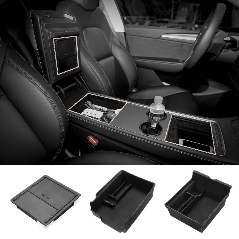 GEARMONSTER 3 PCS Zubehör für Tesla Model 3 Model Y 2021-2024, Mittelkonsole Organizer, Armlehne Beflockte Aufbewahrungsbox und versteckte Aufbewahrungsbox für Bargeld Telefon Münzen von GEARMONSTER