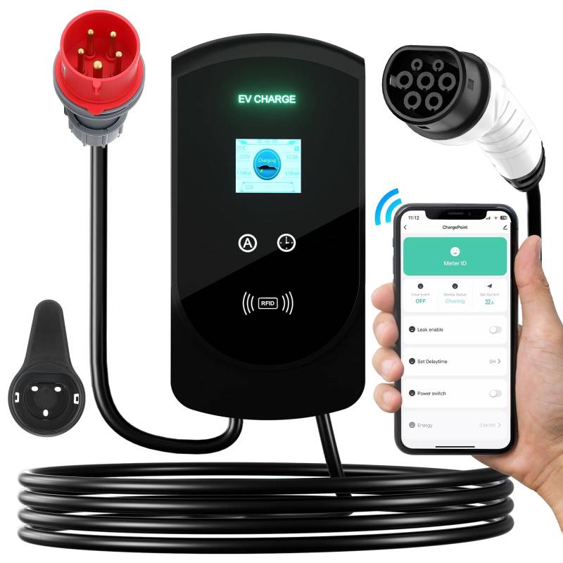 GEARMONSTER 5 Meter EV Typ 2 Ladegerät Ladestation Wallbox, 11 KW 16A Dreiphasig Ladekabel (IEC 62196-2) für Hybrid- und Elektrofahrzeugen. LED-Anzeigen, RFID Karte, APP WiFi, EU Standard, Schnellladu von GEARMONSTER