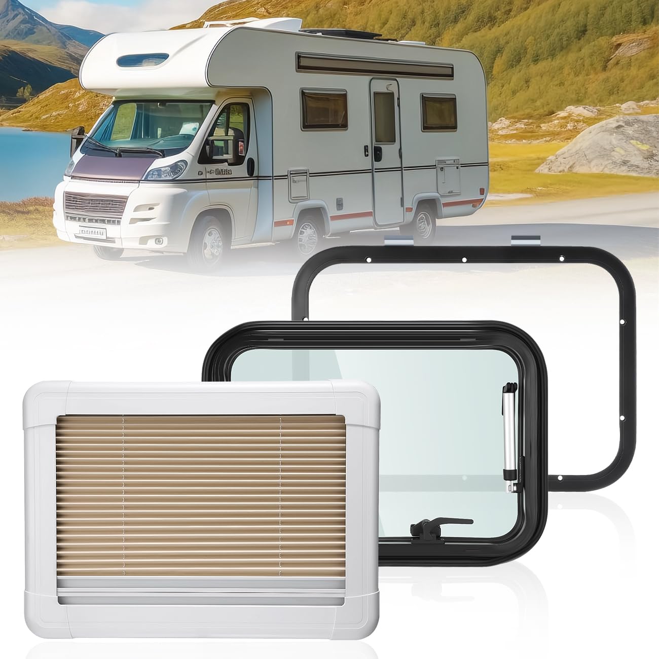 GEARMONSTER Ausstellfenster Wohnmobilfenster 500x350mm Seitenfenster Wohnmobil Fenster mit integriertem Rollo und Fliegengitter RV Externes Push Fenster für Wohnwagen Van Camper von GEARMONSTER