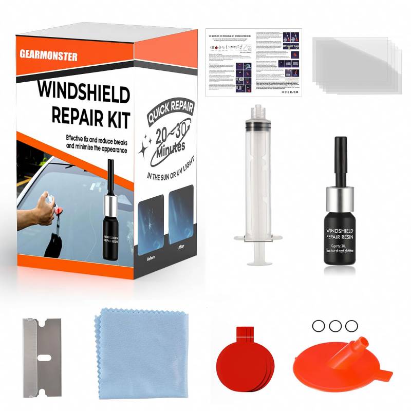 GEARMONSTER Windschutzscheibe Reparaturset Werkzeug, PKW Steinschlag Frontscheibe Glas Reparatur Flüssigkeit, Glasreparaturflüssigkeit, Reparatur Kratzern, Rissen, Auto Zubehör, Windshield Repair Kit von GEARMONSTER