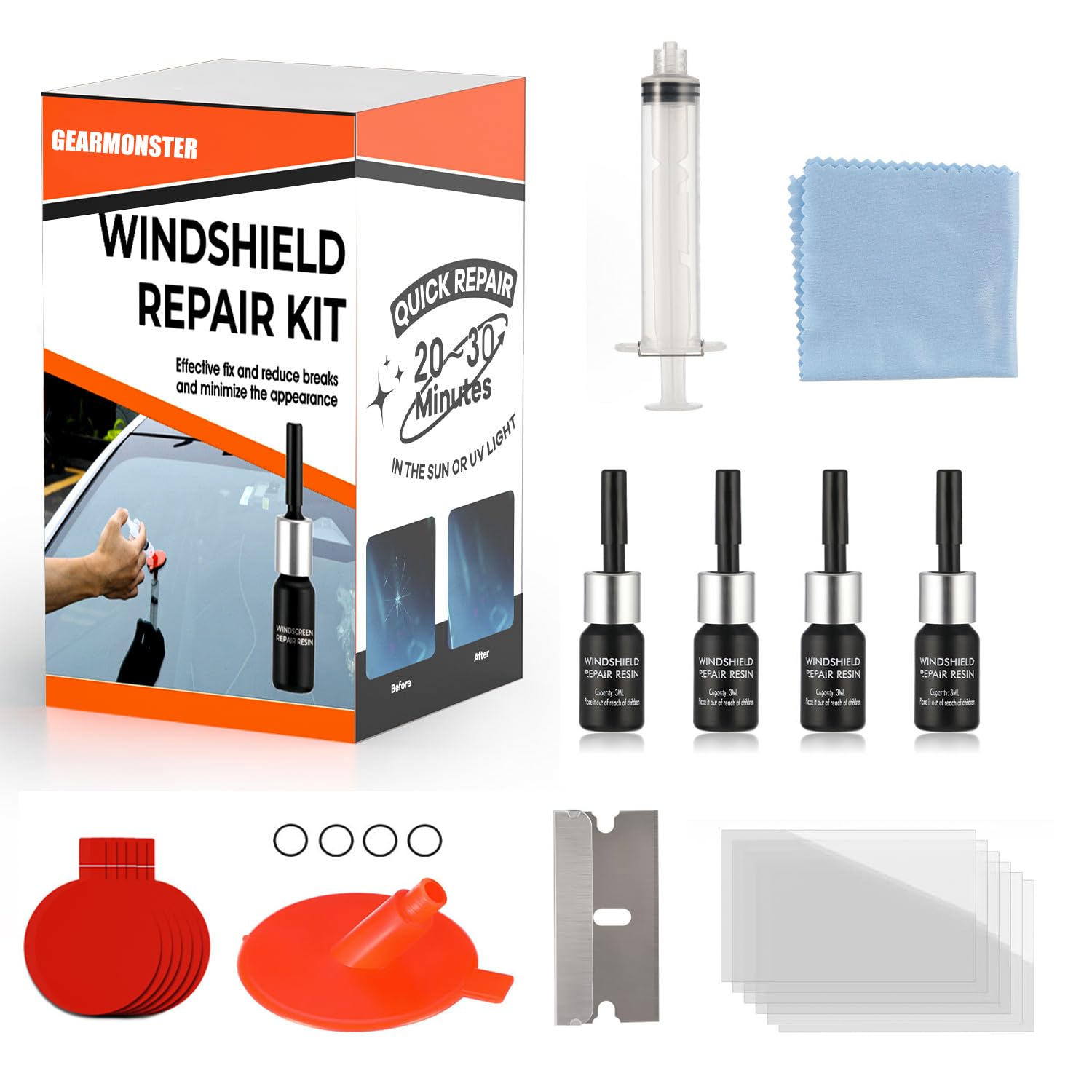 GEARMONSTER Windschutzscheibe Reparaturset Werkzeug, PKW Steinschlag Frontscheibe Glas Reparatur Flüssigkeit, Glasreparaturflüssigkeit, Windshield Repair Kit, Auto Zubehör von GEARMONSTER