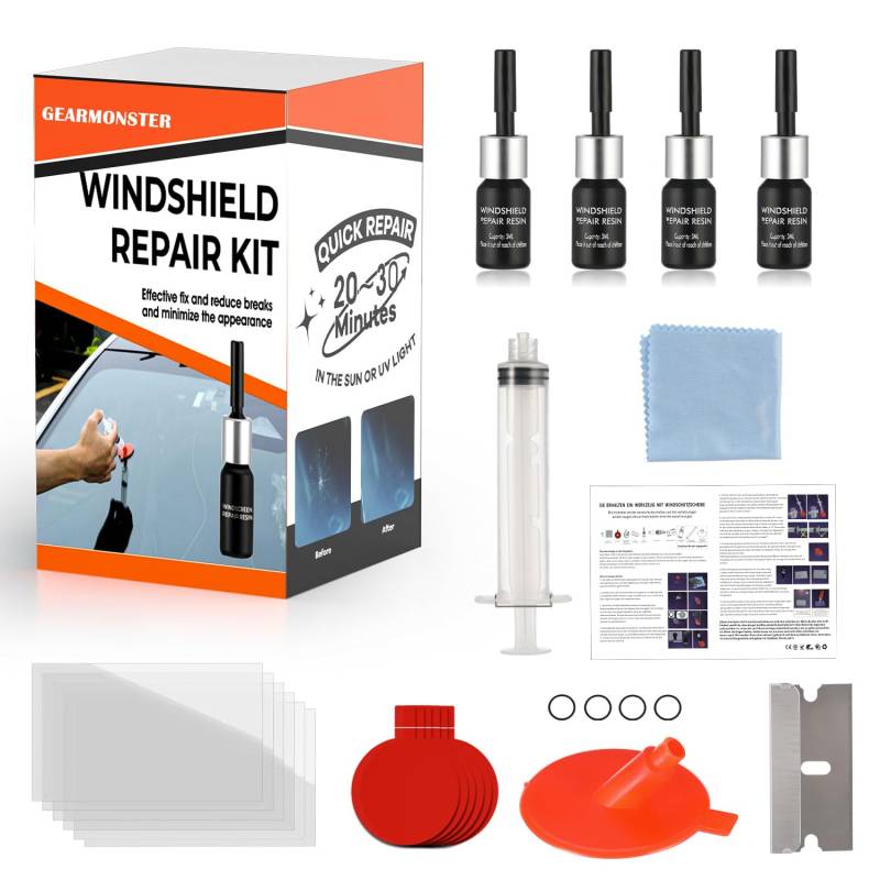 GEARMONSTER Windschutzscheibe Reparaturset Werkzeug, PKW Steinschlag Frontscheibe Glas Reparatur Flüssigkeit, Glasreparaturflüssigkeit, Windshield Repair Kit, Auto Zubehör von GEARMONSTER