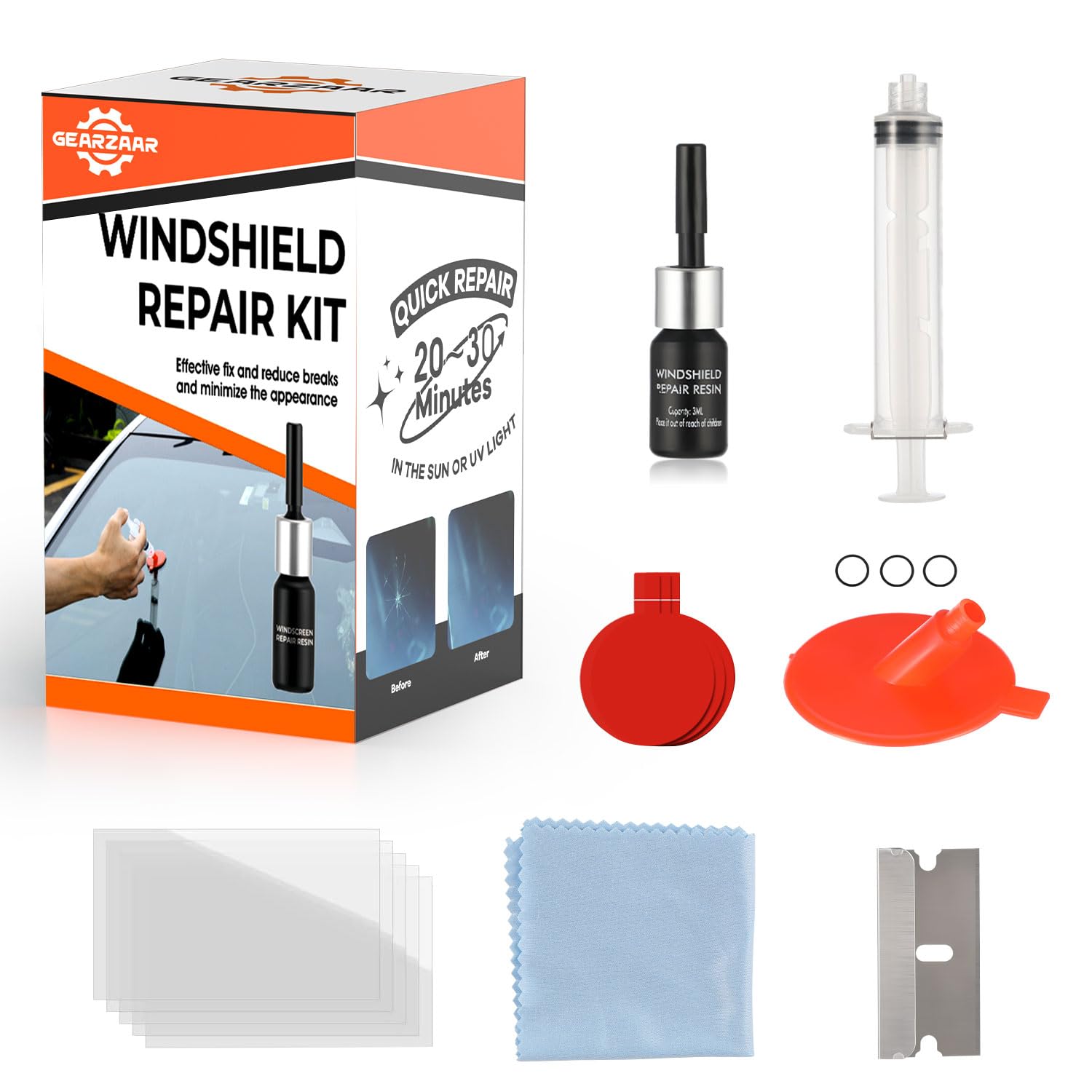 GEARZAAR Windschutzscheibe Reparaturset Werkzeug, PKW Steinschlag Frontscheibe Glas Reparatur Flüssigkeit, Glasreparaturflüssigkeit, Reparatur Kratzern, Rissen, Auto Zubehör, Windshield Repair Kit von GEARZAAR