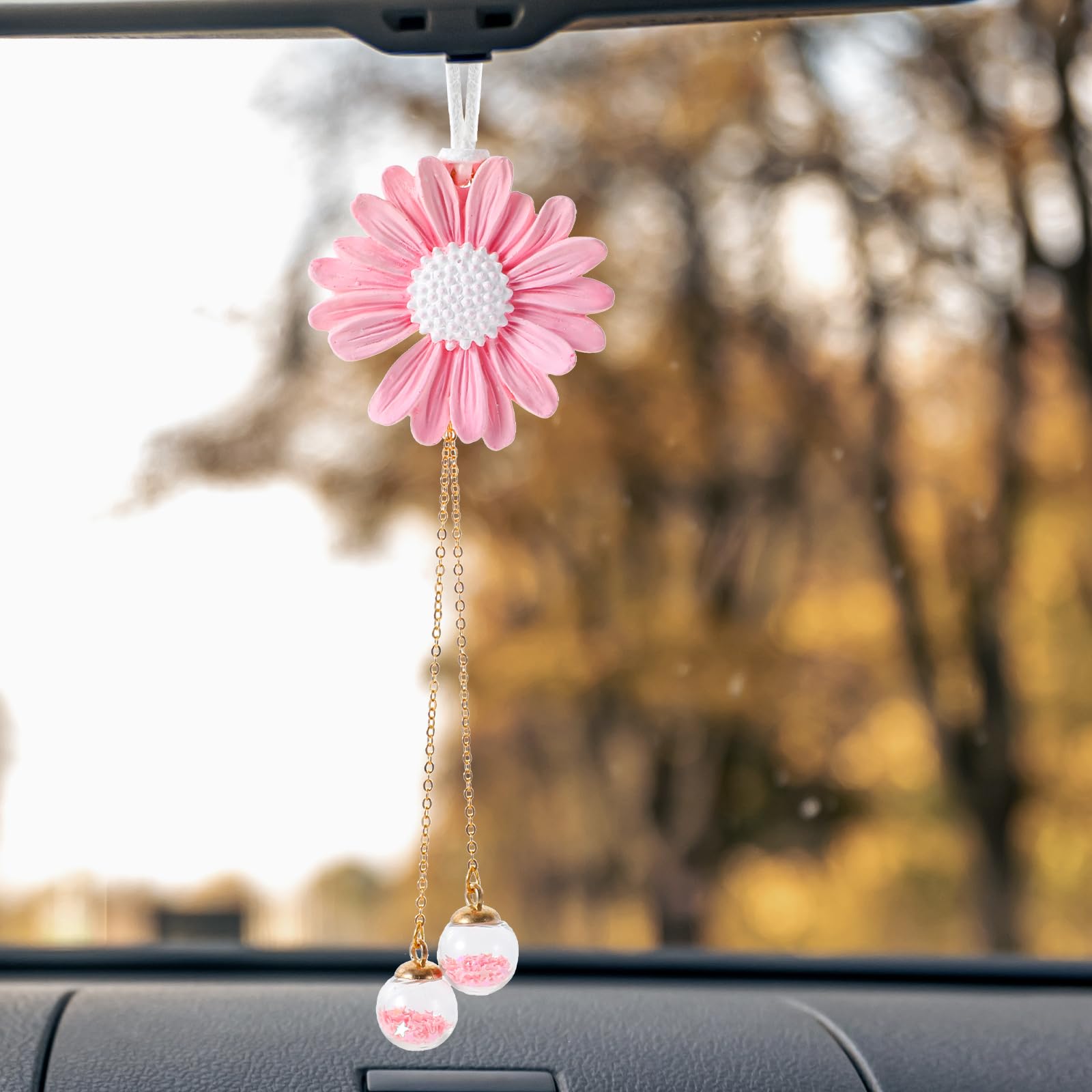 GEEHUA Gänseblümchen Auto Deko Anhänger, Sonnenblume aus Gips Autospiegel Anhänger, Autozubehör, Süße Hängende Ornamente für den Rückspiegel, Auto Innenausstattung Dekoration Charms Geschenk(Rosa) von GEEHUA