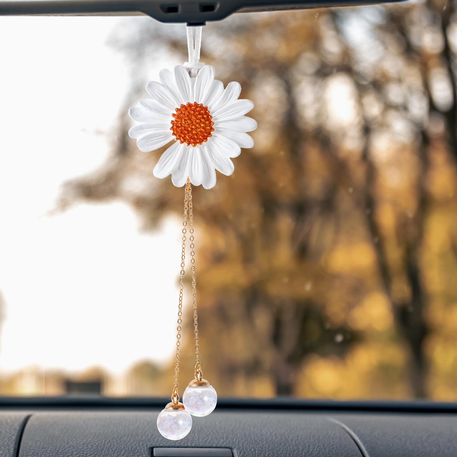 GEEHUA Gänseblümchen Auto Deko Anhänger, Sonnenblume aus Gips Autospiegel Anhänger, Autozubehör, Süße Hängende Ornamente für den Rückspiegel, Auto Innenausstattung Dekoration Charms Geschenk(weiß) von GEEHUA