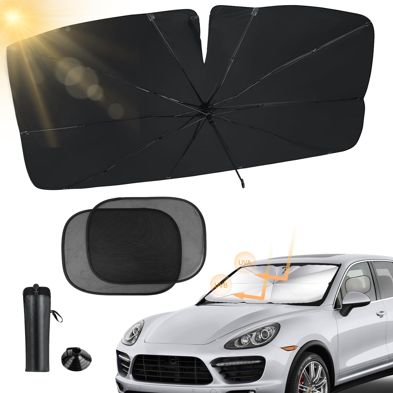 Auto Frontscheiben Sonnenschutz Set, 140 * 80CM Faltbarer UV-Schutz Wärmeisolierter Sonnenschirm, Auto Windschutzscheibe Sonnenschirm Regenschirm, Sonnenschutz Auto Baby Sonnenblende für meisten Auto von GEGNNS