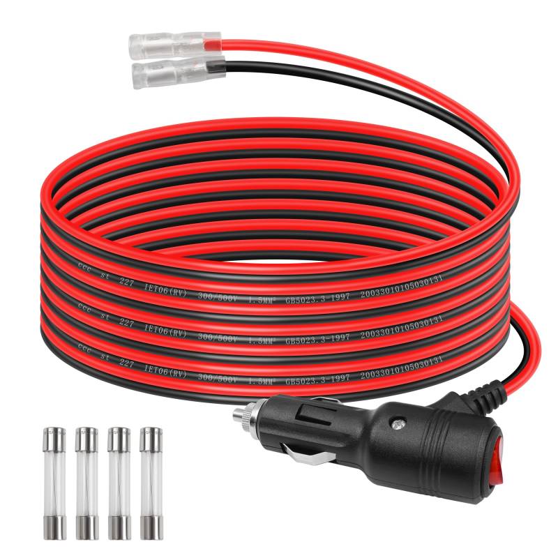 GELRHONR 12 Volt Ersatz-Zigarettenanzünder-Stecker mit Kabel und LED-Licht, 16 AWG, Auto-Zigarettenanzünder-Verlängerungskabel mit Schalter und 15 A Sicherung, robustes Kabel (2 m) von GELRHONR