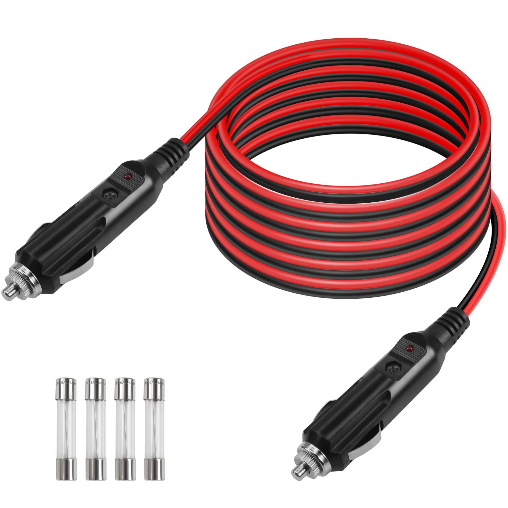 GELRHONR 12V Auto Zigarettenanzünder Stecker zu Stecker Ladekabel, Auto Zigarettenanzünder Stecker Verlängerungskabel mit 25A Sicherung Schutz, 14 AWG Heavy Duty Kabel mit Led-Licht (3M/9.8Ft) von GELRHONR