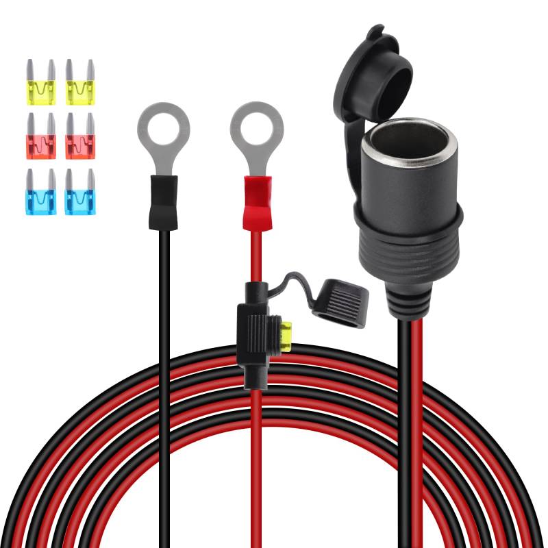 GELRHONR 3M/9.8Ft Zigarettenanzünder buchse Wasserdicht, 12V-24V Zigarettenanzünder Buchse mit Ringkabelschuhe Kabel mit 20A Fuse,Zigarettenanzünder auf o-ring für Auto/Boot/Motorrad von GELRHONR