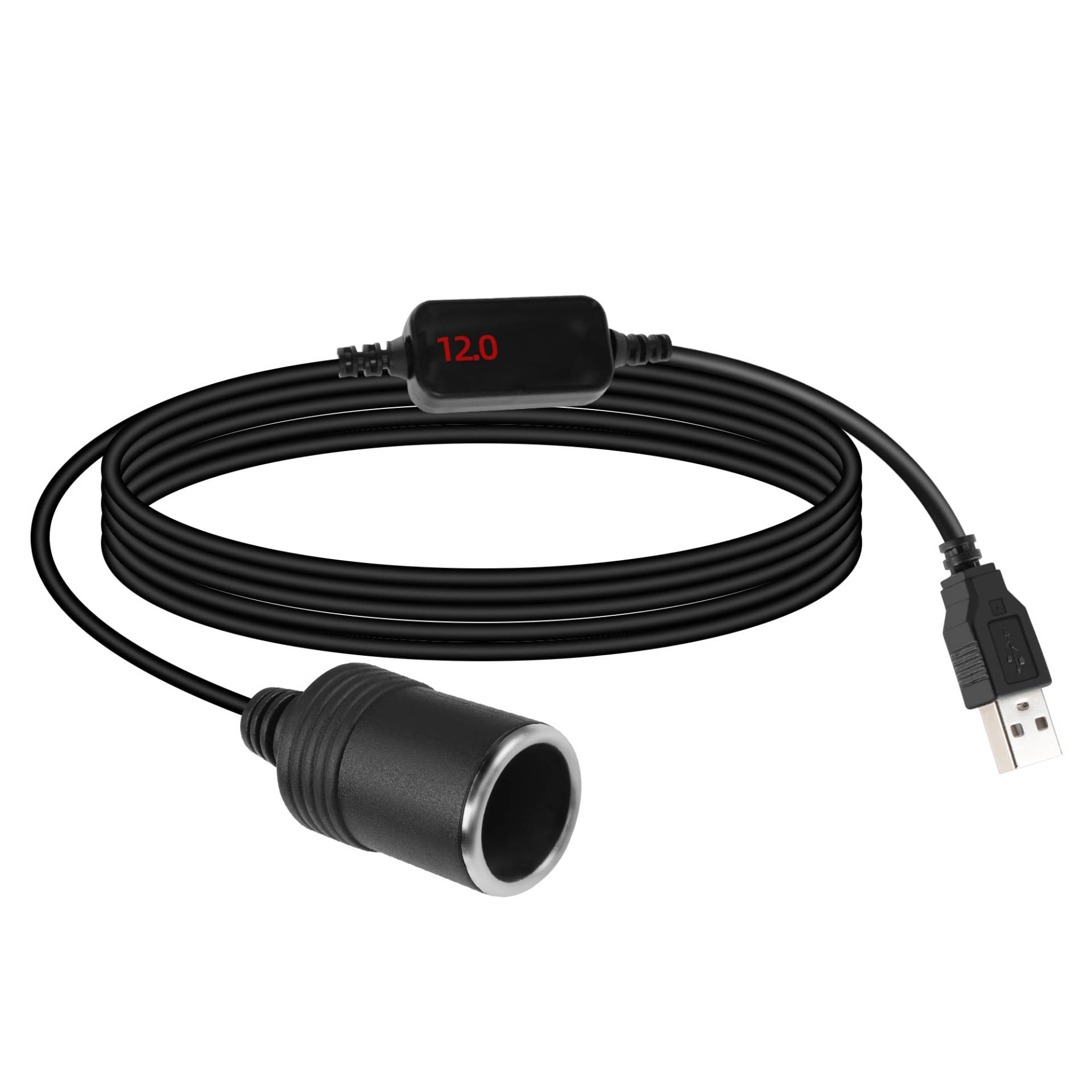 GELRHONR 5V USB A Stecker auf 12V 8W Auto Zigarettenanzünder Buchse Adapter Konverter mit Voltmeter Display, für Autoladegerät, GPS, Dash Cam, elektronische Hund Stromversorgung (120cm/3.9Ft) von GELRHONR