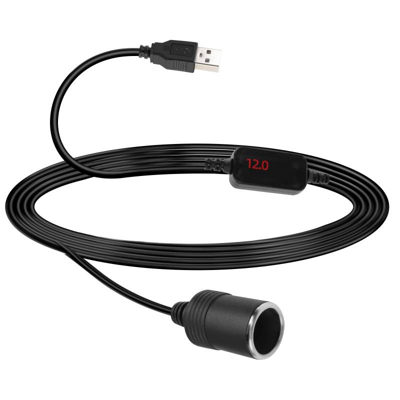 GELRHONR 5V USB A Stecker auf 12V 8W Auto Zigarettenanzünder Buchse Adapter Konverter mit Voltmeter Display, für Autoladegerät, GPS, Dash Cam, elektronische Hund Stromversorgung (70cm/2.3Ft) von GELRHONR