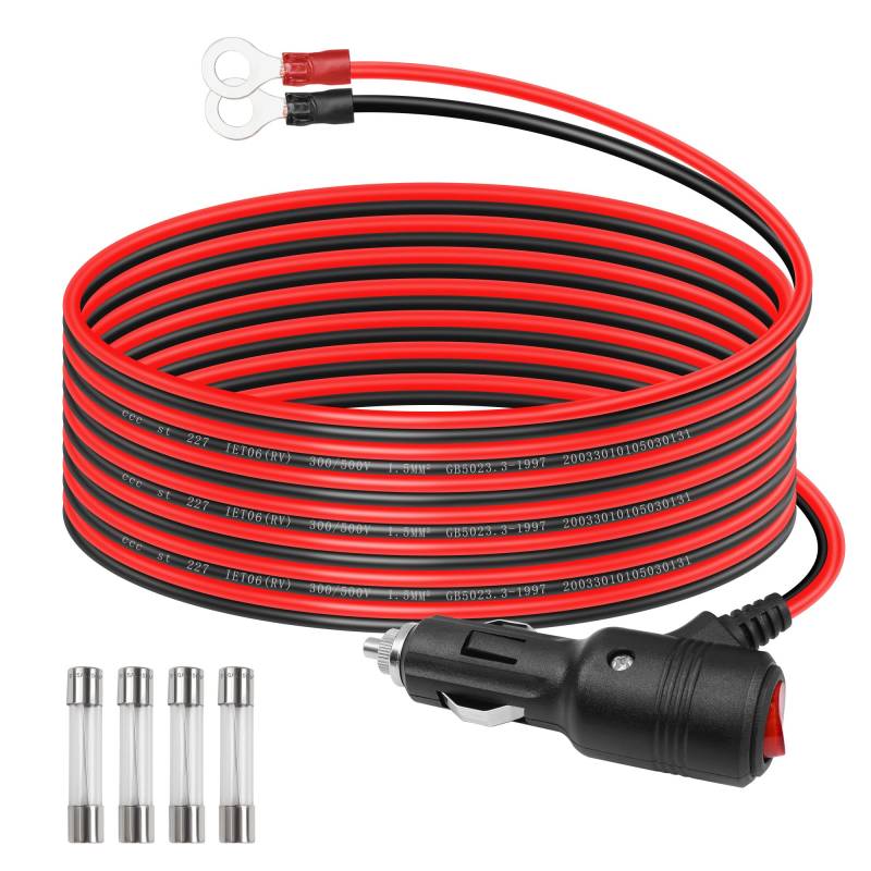 GELRHONR Auto-Zigarettenanzünder-Stecker auf O-Ring-Öse, Terminalkabel mit An-/Aus-Schalter, 12 V-24 V, 16 AWG, Auto-Zigarettenanzünder-Verlängerungskabel mit 15 A Sicherung, für Auto-Wechselrichter, von GELRHONR