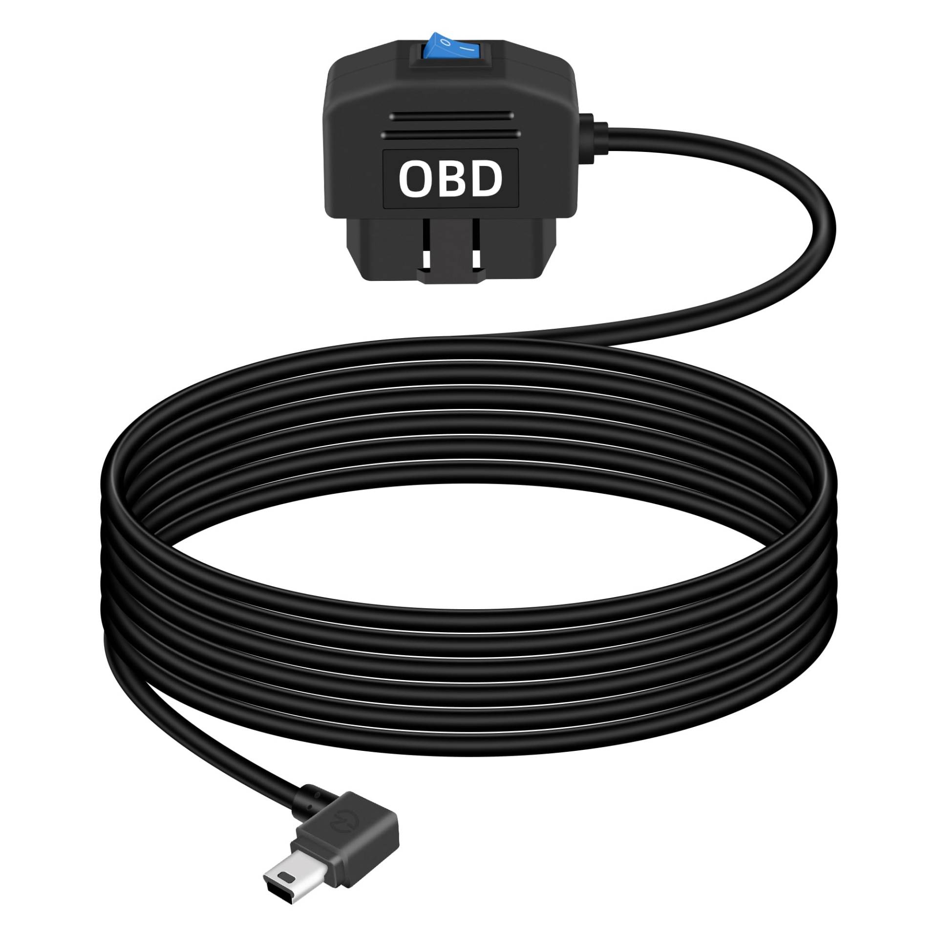 GELRHONR Right Angle Mini OBD Power Cable for Dash Camera, Electronic Vehicles Mini OBD2 Dashcam Hardwire Kit, OBD2 to Mini USB Adapter with Switch Button 11.5FT 24 Hours Surveillance and Acc 2 Mode von GELRHONR