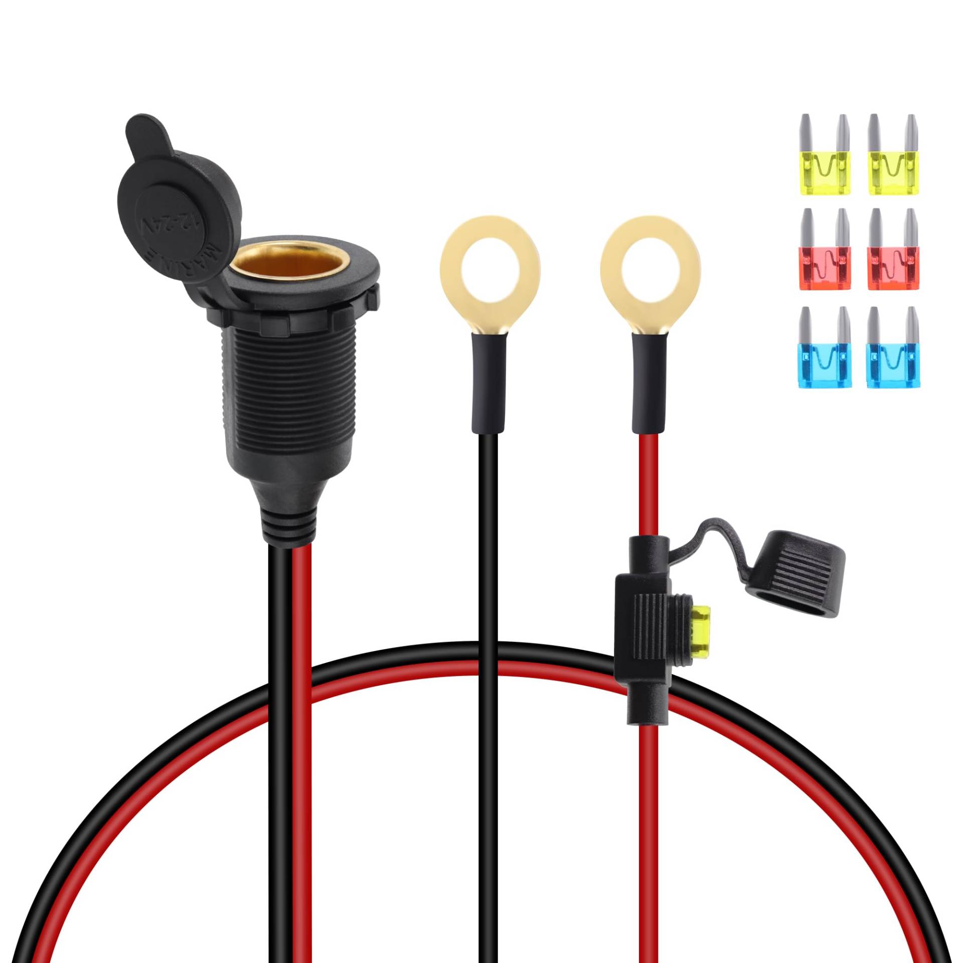 GELRHONR Zigarettenanzünder buchse Wasserdicht Marine Grade, 12V-24V Zigarettenanzünder Buchse mit Ringkabelschuhe Kabel mit 20A Fuse,Zigarettenanzünder auf o-ring für Auto/Boot/Motorrad (1M) von GELRHONR