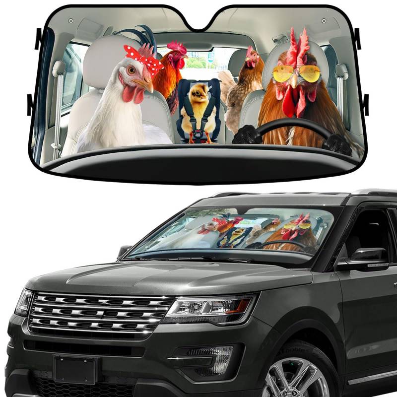 GENANY Cool Farm Chicken Family Lustiger Windschutzscheiben-Sonnenschutz für Auto, SUV, LKW (139,7 x 74,9 cm), Auto-Sonnenschutz für Frontscheiben, Sonnenschutz für Auto-Windschutzscheibe von GENANY