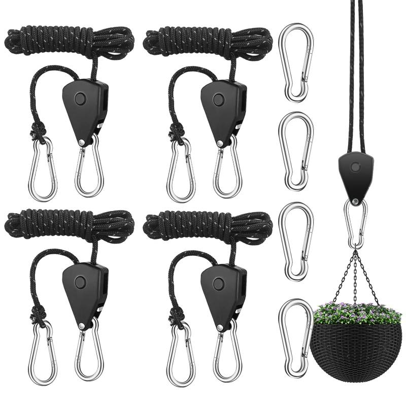 GENHH 4 Stück Ratchet Hanger, 68 kg Seilratsche mit Haken, 2 m Einstellbare Seil Seilhaken mit 4 Ersetzend, Ratschenseil Seilzugratsche Ratschenhaken für Pflanzenfächer Leichte Zimmerpflanzen Camping von GENHH