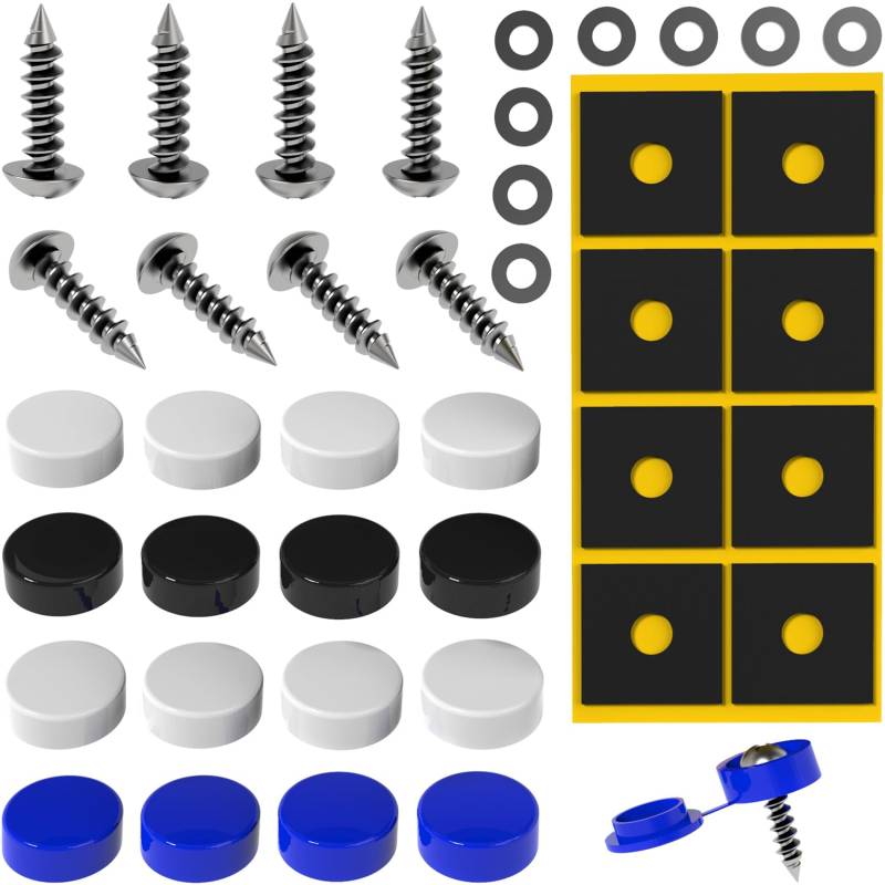 Kennzeichen Schrauben mit Kappen [Legal & Universal] Auto & Motorrad Kennzeichenhalter Rahmenlos | Kfz Kennzeichenhalterung mit Nummernschild Schrauben und Abdeckkappen | Nummernschildhalterung Auto von GENMAG