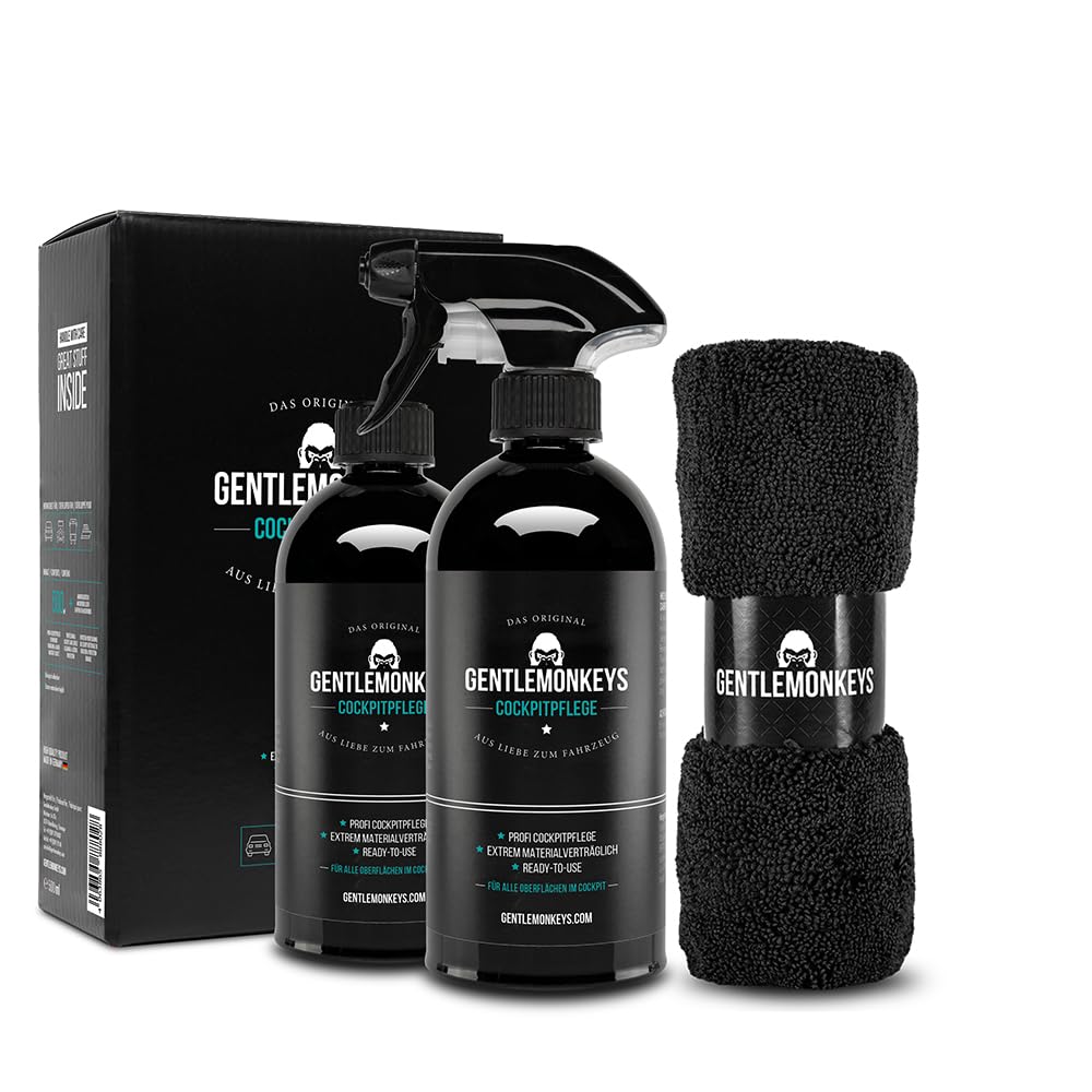 GENTLEMONKEYS Auto Cockpitpflege Set (500ml Cockpitreiniger + Microfasertuch + 500ml Refill) • Cockpit Pflege Auto • Innenraumpflege für Glanz & UV-Schutz • Biologisch abbaubar von GENTLEMONKEYS