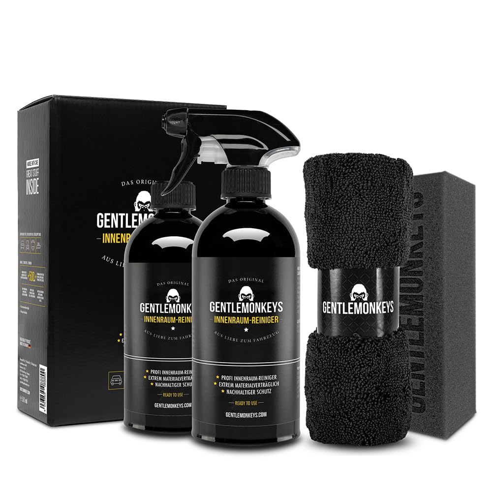 GENTLEMONKEYS Auto Innenraumreiniger Set (500ml Reiniger + 500ml Refill + Schwamm + Microfasertuch) • Für Textilien im Fahrzeuginnenraum • Biologisch abbaubar • Made in Germany von GENTLEMONKEYS