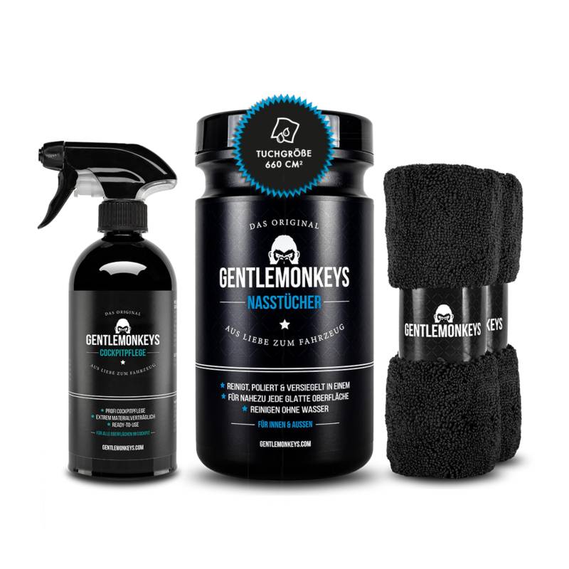 GENTLEMONKEYS Cockpitpflege Auto (500ml) + 45er Pack Nasstücher • Innenraumreiniger für Reinigung & Pflege Aller Kunststoffe & Glattleder • Inklusive Auto Pflegeset für Innen & Außen von GENTLEMONKEYS