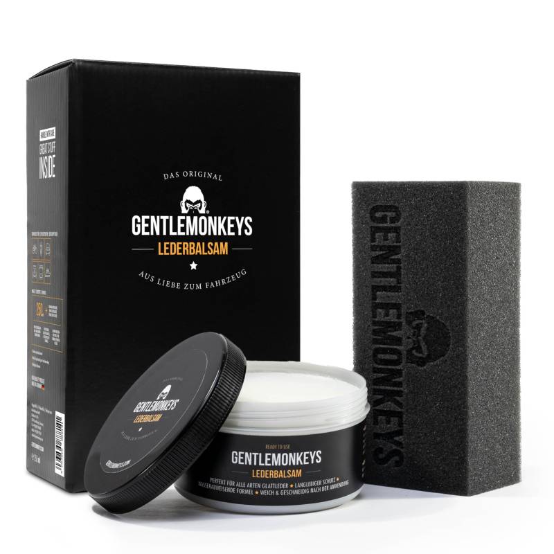 GENTLEMONKEYS High-Performance Lederbalsam Set Auto (250 ml + Applikationsschwamm) • Intensive Pflege für alle Arten von Glattleder mit UV-Schutz • Für Auto, Sofa, Möbel • Farbneutral von GENTLEMONKEYS