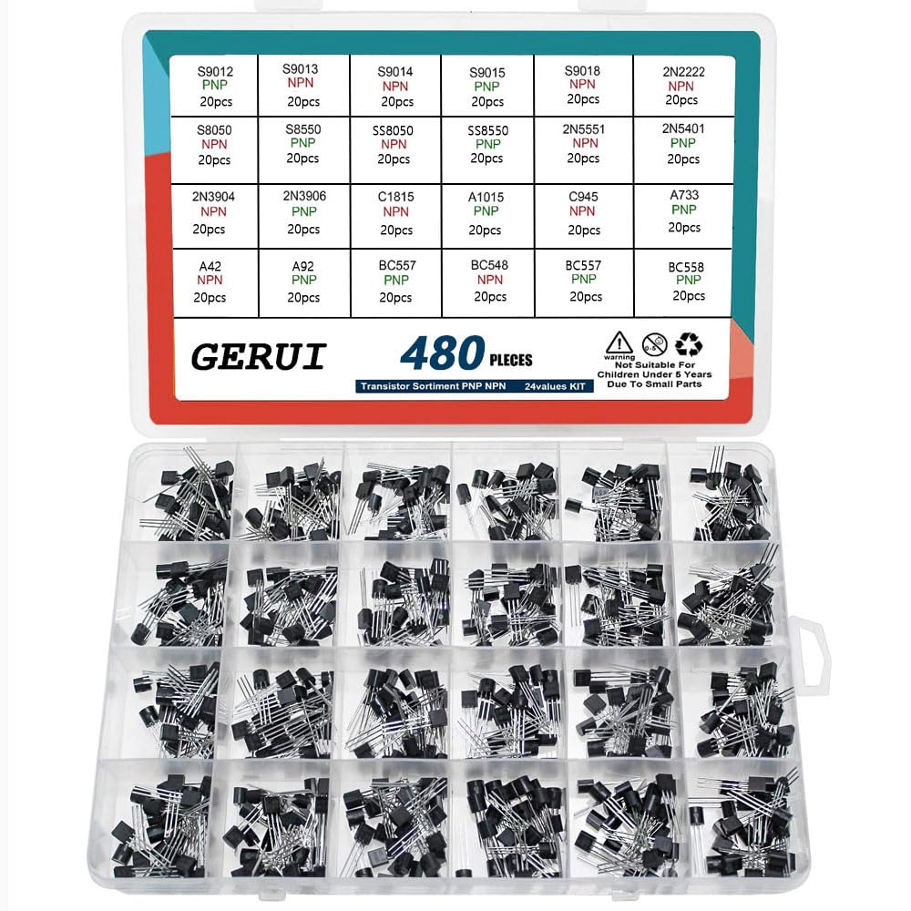 Transistor Assortment Kit 24 Values 480pcs PNP NPN Transistors S9012 S9013 S9017 S9015 S9018 2N2222 S8050 S8550 SS8050 SS8550 2N5551 2N5401 2N3904 2N3906 C1815 A1015 C945 A733 A42 A92 BC547 BC548 BC55 von GERUI