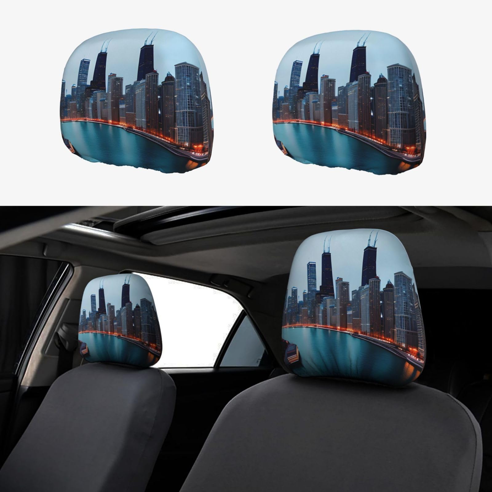 GFXEDSAH Universal-Autositz-Kopfstützenbezüge, Chicago-Druck, stilvolles Auto-Kopfstützenbezug-Set von GFXEDSAH