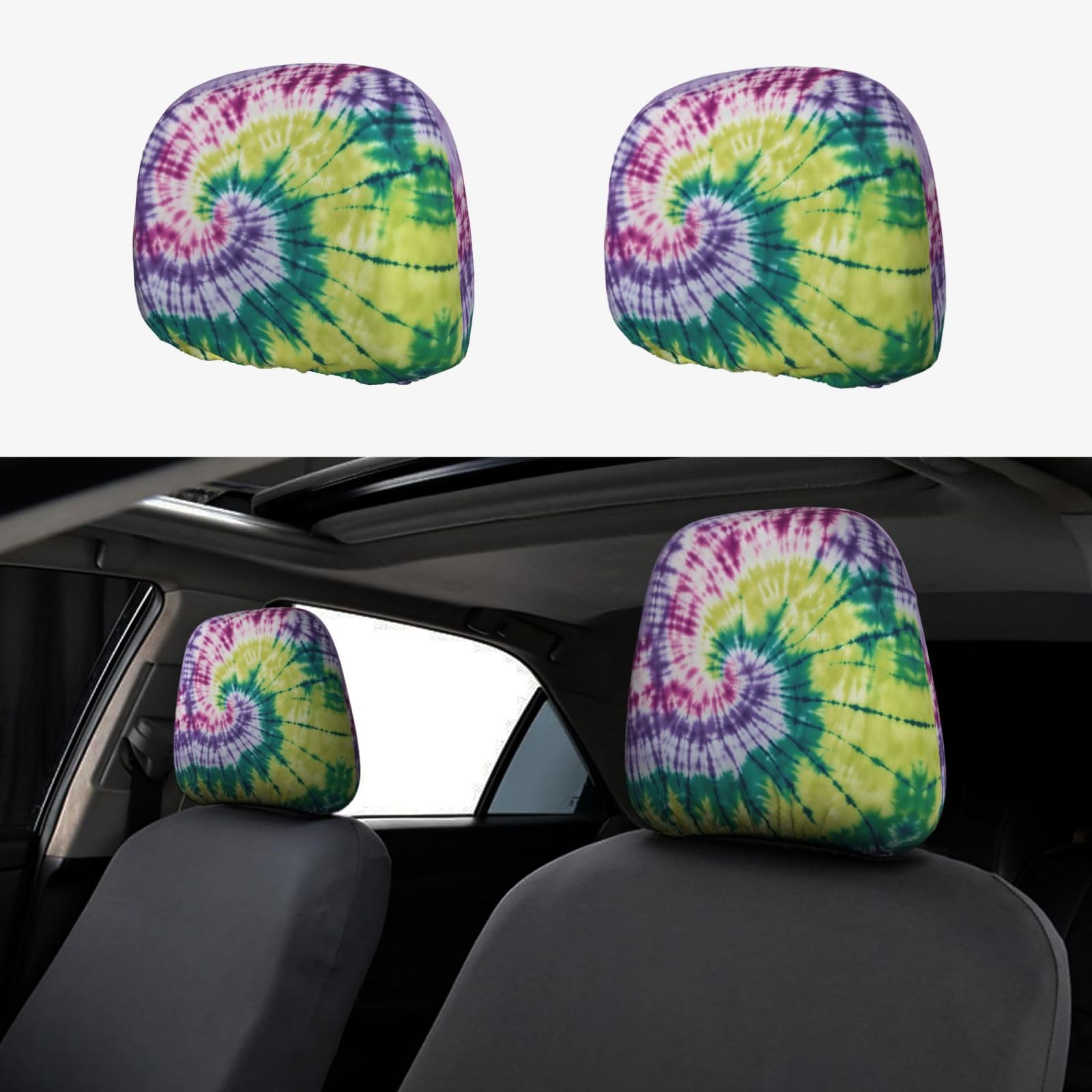 GFXEDSAH Universelle Auto-Kopfstützenbezüge, Batik-Design, Hippie-Druck, stilvolles Auto-Kopfstützenbezug-Set von GFXEDSAH