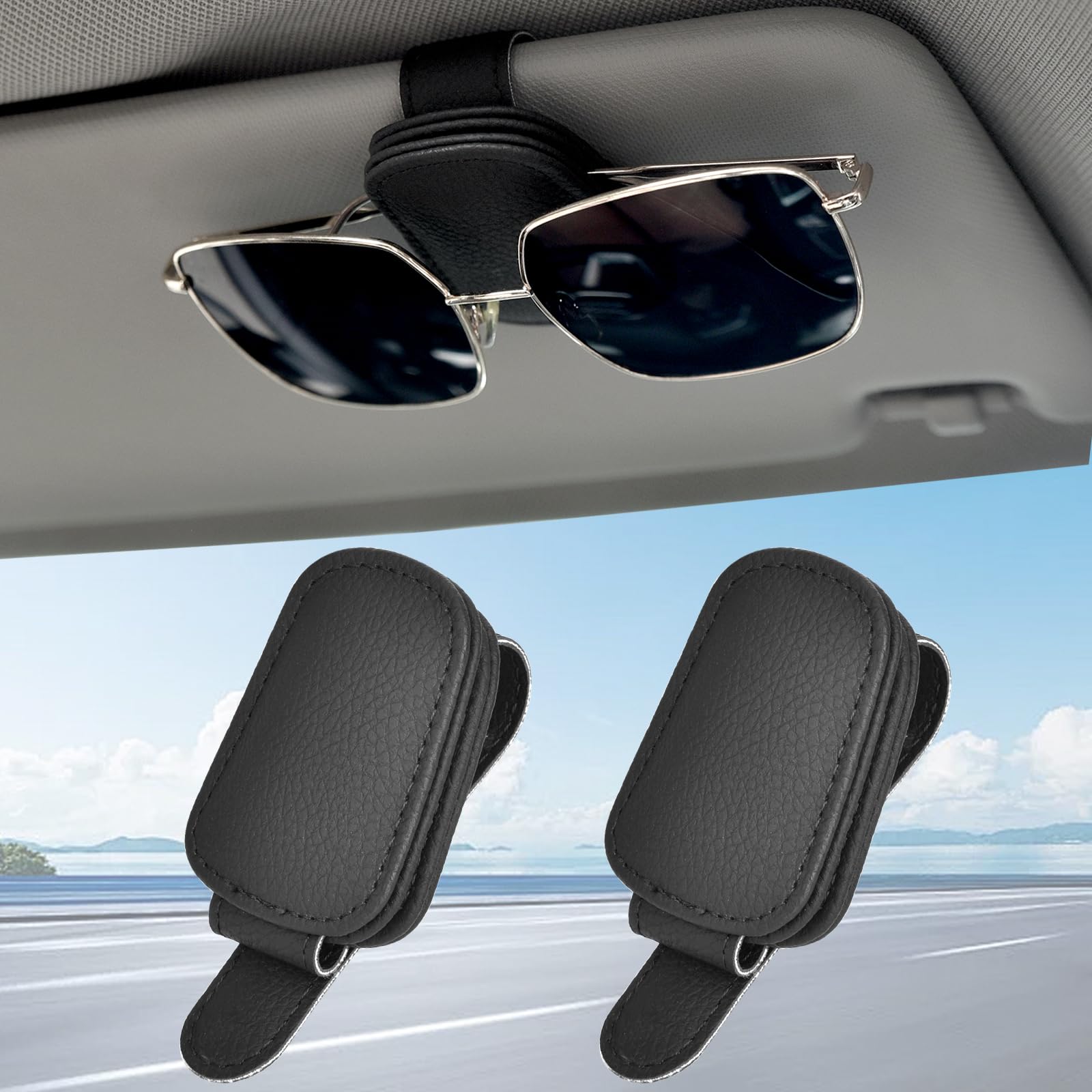 GGXZHT 2 Stück Brillenhalter für Auto Sonnenblende, Leder Sonnenbrillenhalter Auto, Sonnenbrillen Halterung für Auto, Magnetische Auto Visier Brillenhalter, Sonnenbrillen Halterung/Ticket-Kartenclip von GGXZHT