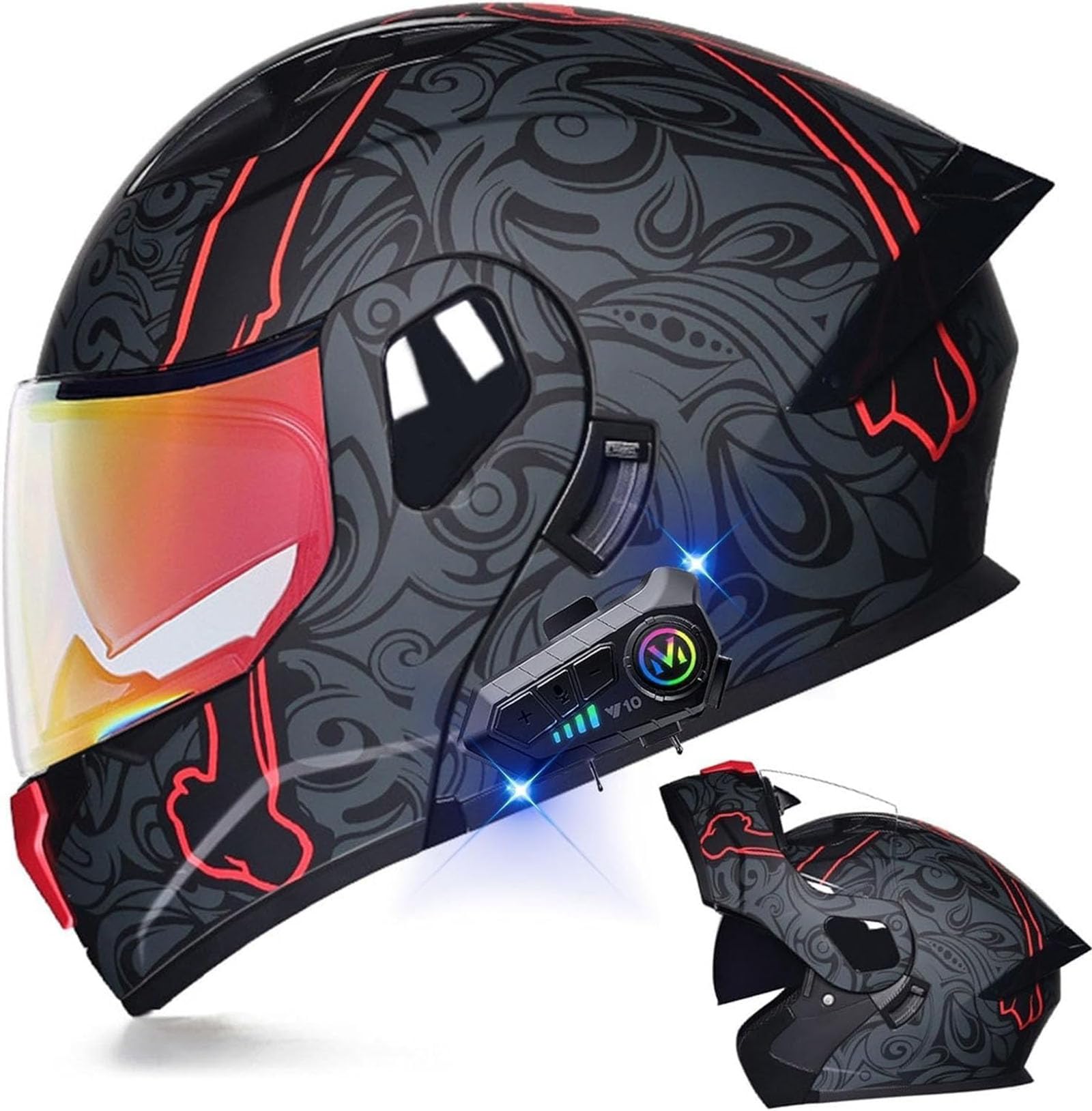 Klapphelm mit Bluetooth Integralhelm mit Doppelvisier Integriert Motorradhelm Motorradhelm mit Antibeschlagvisier ECE Zertifiziert Motorrad Full Face Helm Klapphelm mit Sonnenblende vorbereitet von GHHTHEN