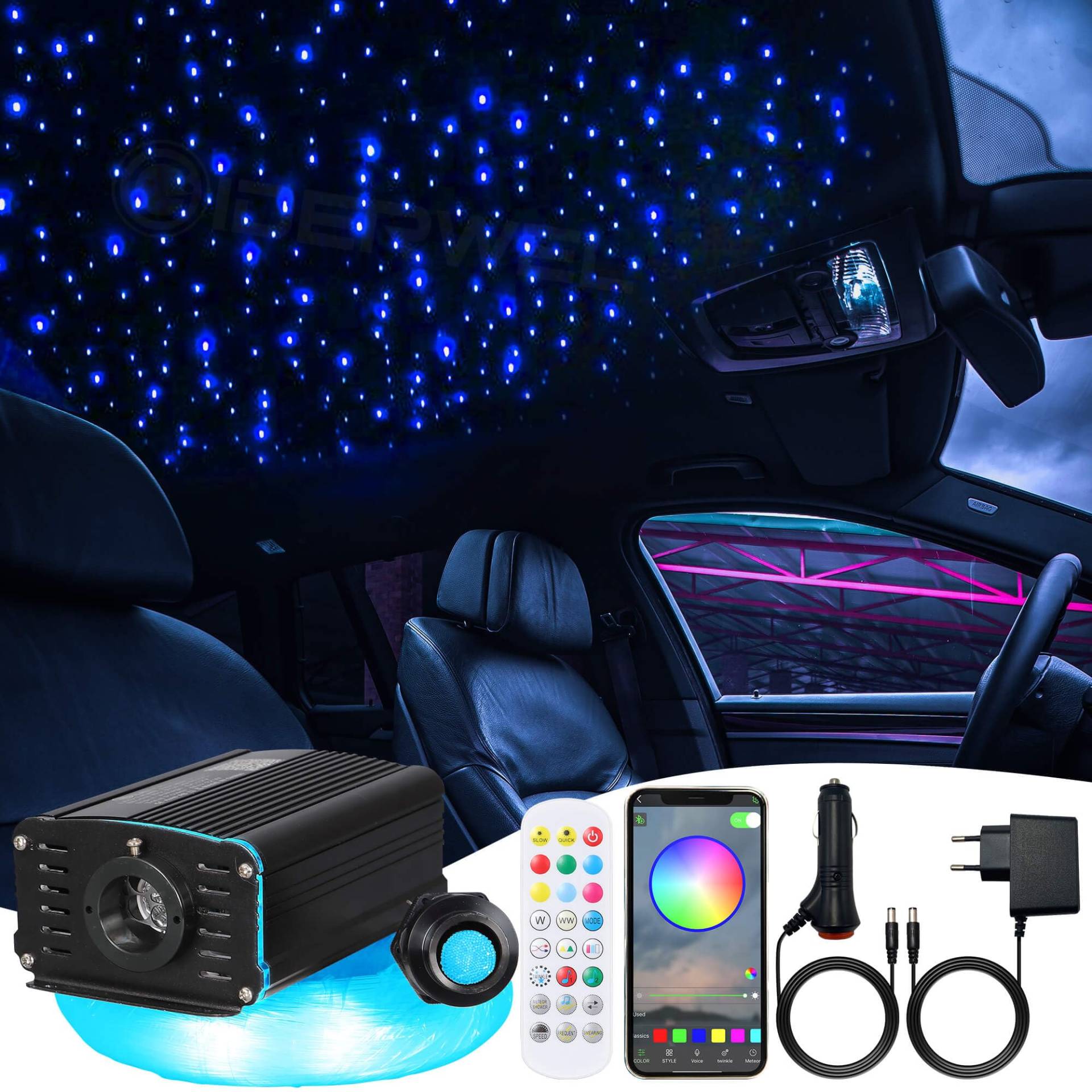 Bluetooth APP/RF Gesteuertes Twinkle LED Glasfaser Sternenhimmel Licht mit RGBW LED Motortreiber mit Musikmodus,Star Ceiling Fiber Optic Lights with 300pcs 3m 0.75mm Glasfaserkabeln für Auto/Haus von GIDEALED