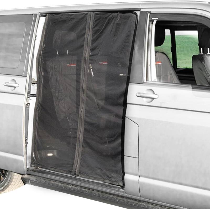 Van Schiebetür Magnetisches Fliegengitter Schwarz Mesh Moskitonetz Sonnenschutz mit Reißverschluss, Auto Camping Netz Heckklappe Schatten, für Wohnwagen Wohnmobil Camper Seitentür (XL 175*150cm) von GINGER TECH