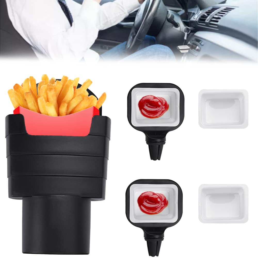 GIRAFEDA Pommes Halter Auto Pommes Ständer + 2 Stück Saucenhalter + 4 Stück Saucenbox Tragbarer Pommes Becherhalter Mini Soßenhalter Kunststoff Pommes Halterung für Dips und Soßen Chips Pommes Frites von GIRAFEDA