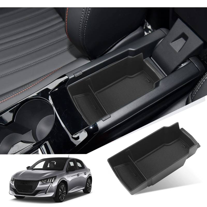 Armlehne Aufbewahrungsbox kompatibel mit Peugeot 208 2008 2020 – 2022, Armlehnen-Organizer mit Antirutschmatten, Peugeot 208 Zubehör (schwarz) von GIUD