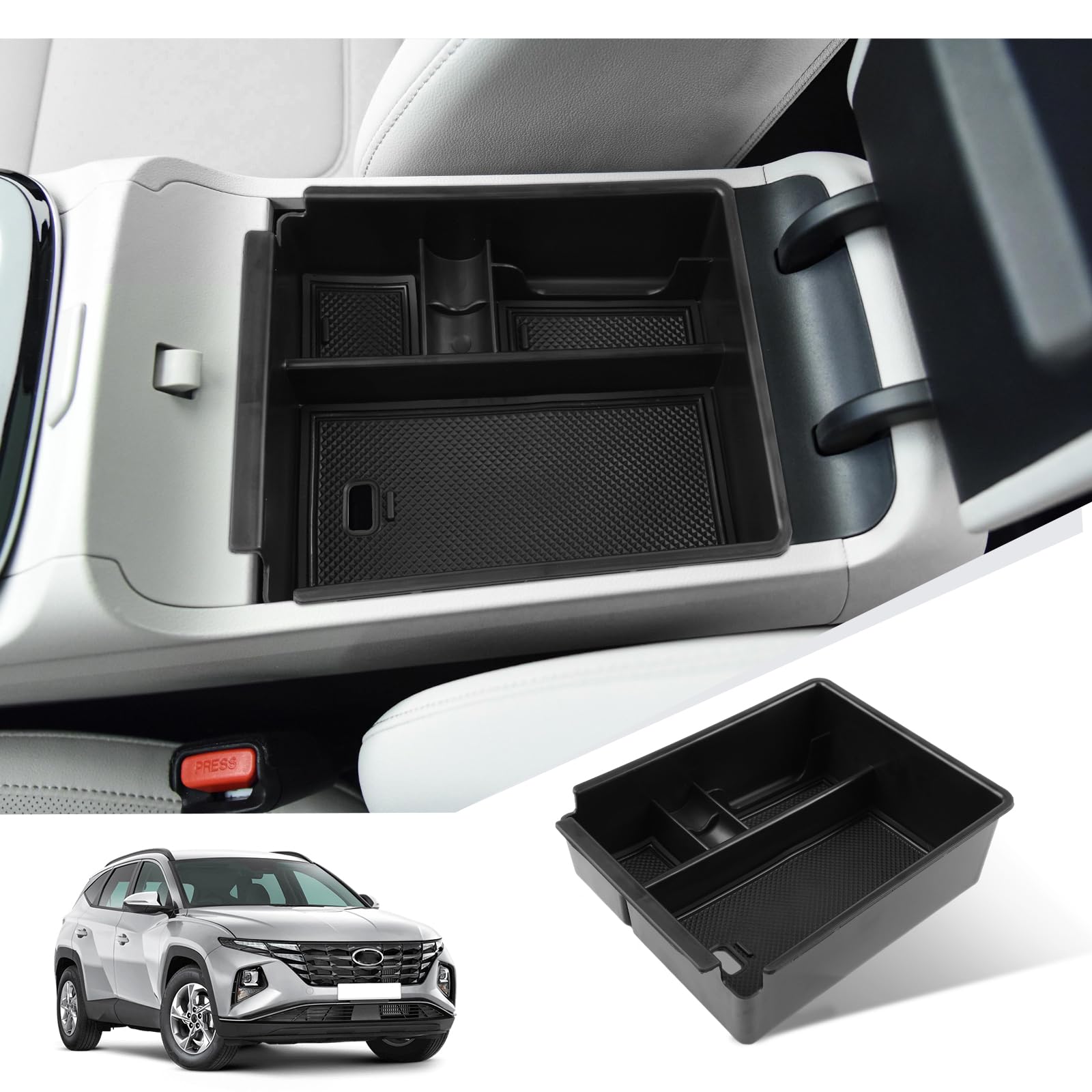 GIUD Armlehne Aufbewahrungsbox kompatibel mit Hyundai Tucson NX4 2021, Armlehnen-Organizer mit Antirutschmatten, Hyundai Tucson NX4 Zubehör (schwarz) von GIUD