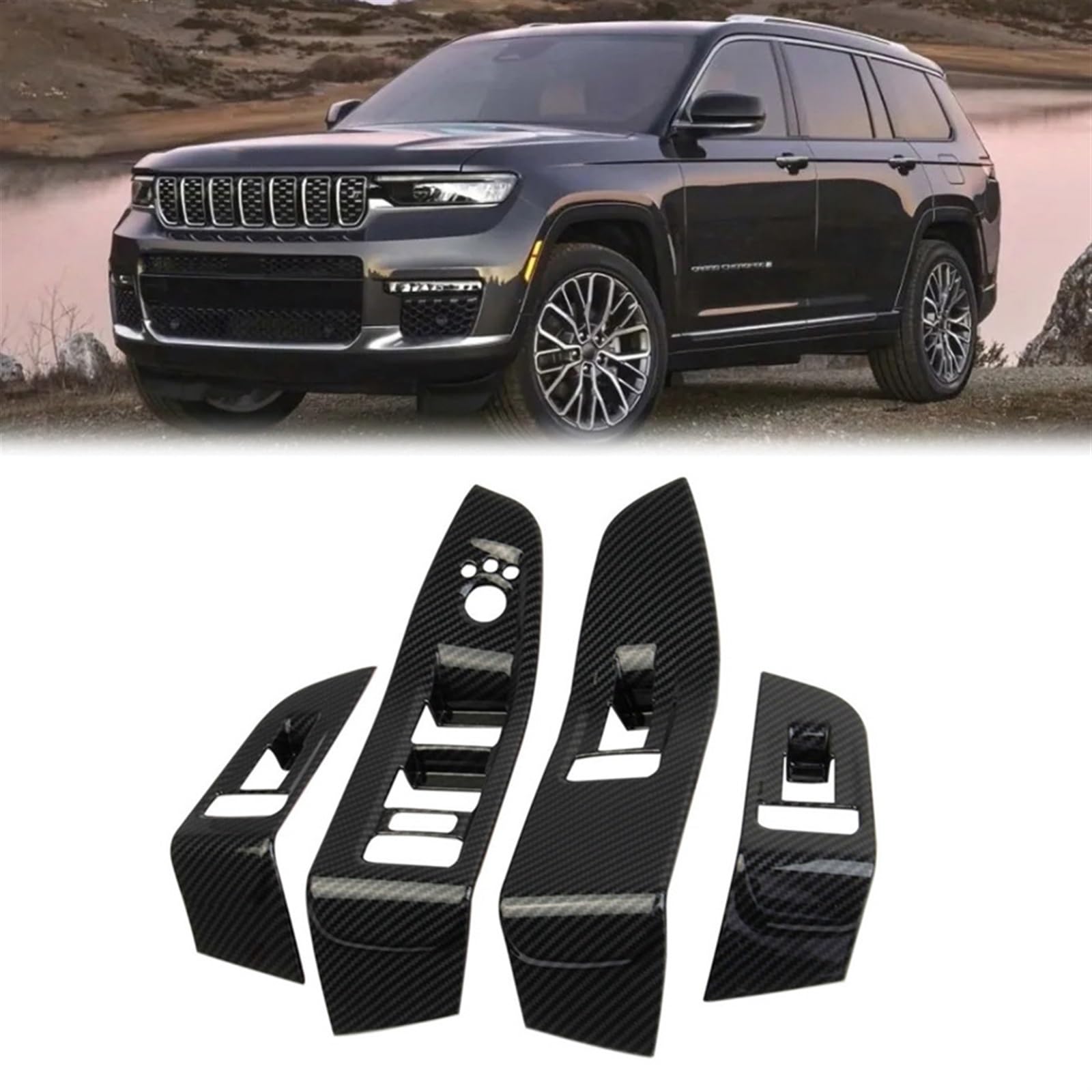 GIXERO Auto Kohlefaser Fenster Glas Lift Knopf Schalter Abdeckung Trim Tür Armlehne Panel, for Jeep, Grand Cherokee 2021 2022 Zierleiste für Schalterabdeckungen für Autos von GIXERO