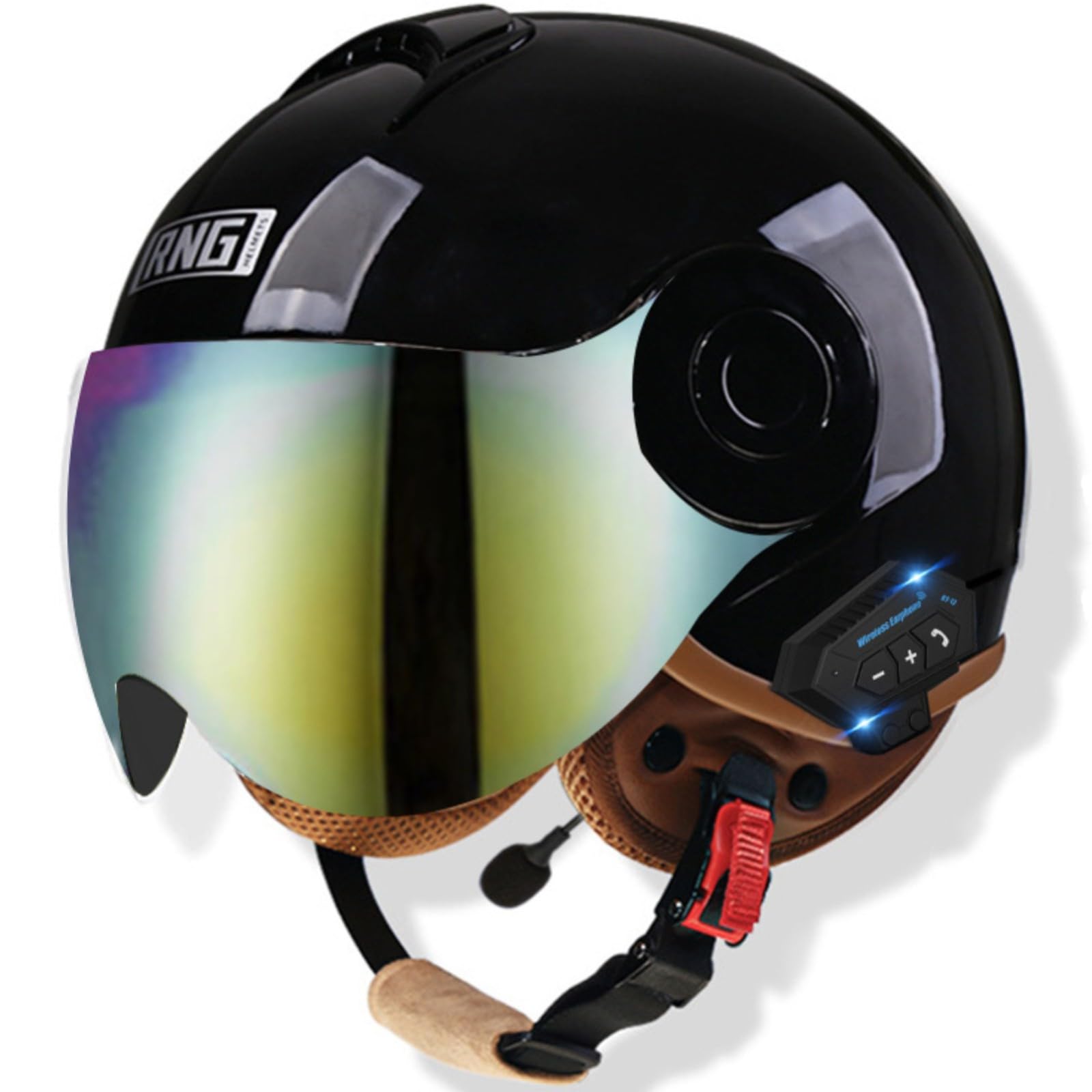 Bluetooth-Halbhelm Mit Offenem Gesicht Und Visier, Motorrad-Schutzhelm Für Erwachsene, DOT/ECE-Zertifizierung, Für Männer Und Frauen 3,56-62CM von GJCKOPIUFA