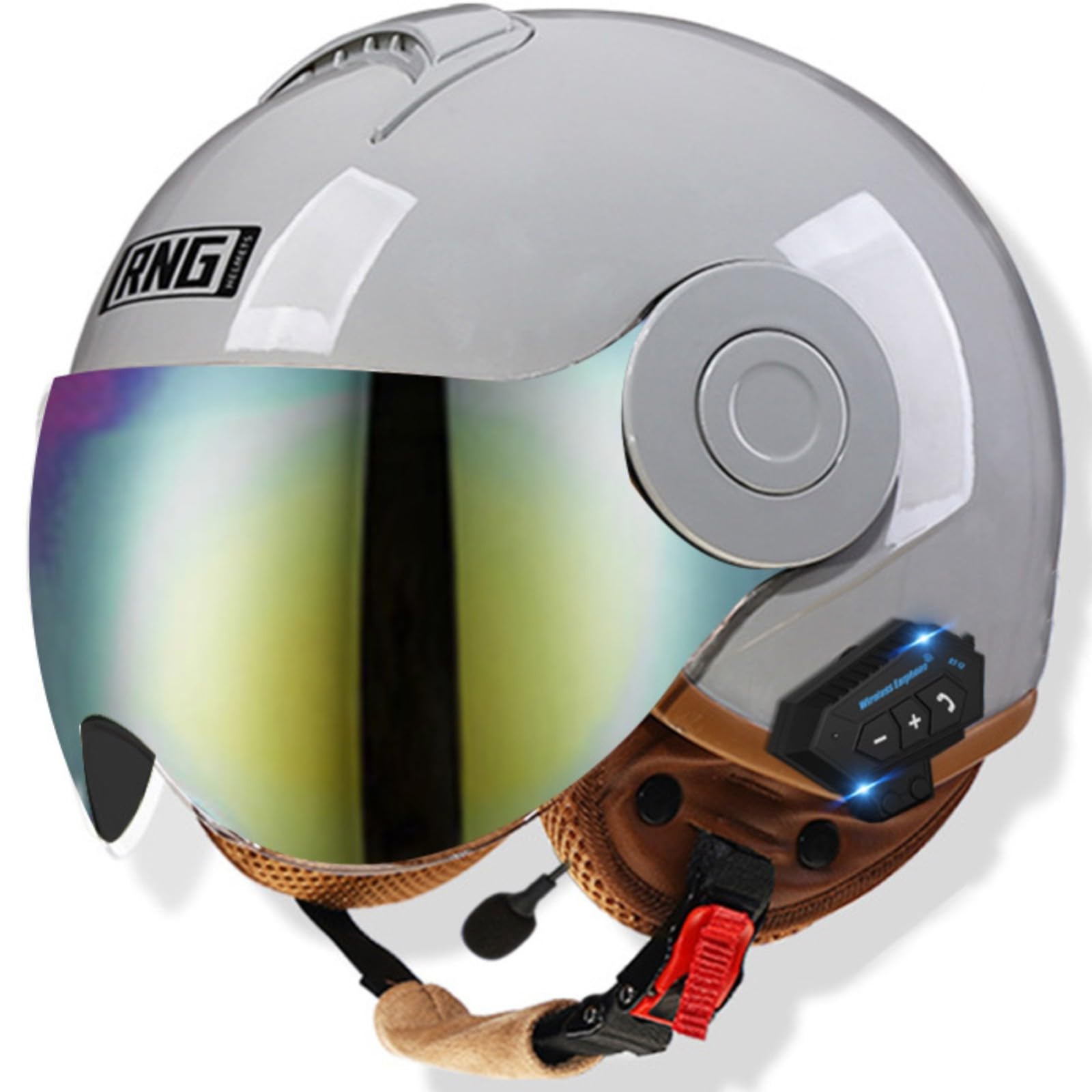 Bluetooth-Halbhelm Mit Offenem Gesicht Und Visier, Motorrad-Schutzhelm Für Erwachsene, DOT/ECE-Zertifizierung, Für Männer Und Frauen 4,56-62CM von GJCKOPIUFA