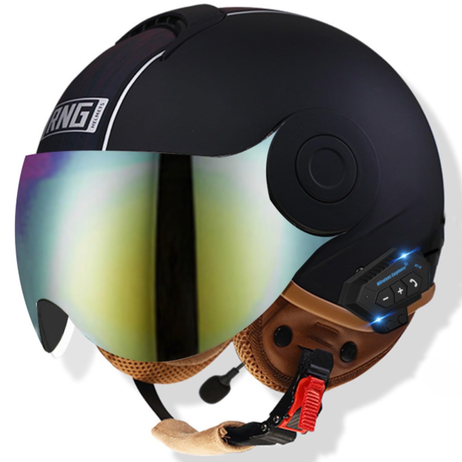 Bluetooth-Halbhelm Mit Offenem Gesicht Und Visier, Motorrad-Schutzhelm Für Erwachsene, DOT/ECE-Zertifizierung, Für Männer Und Frauen 9,56-62CM von GJCKOPIUFA