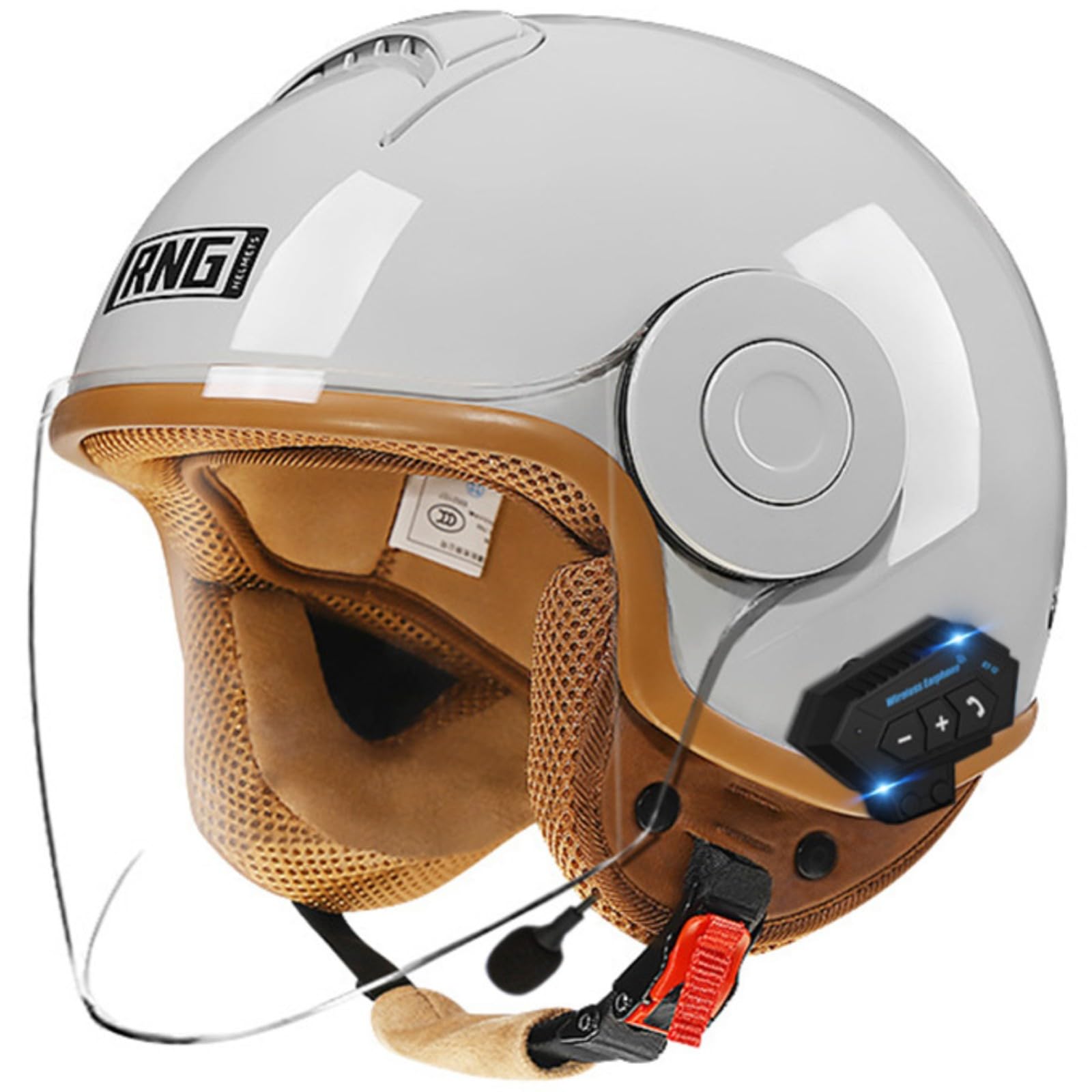 Bluetooth-Motorradhelm Für Erwachsene, Rollerhelm, Mit Sonnenblende 3/4 Jethelm Im Deutschen Stil Für Männer Und Frauen, DOT-Geprüfter Sommer-Motorrad-Sturzhelm 4,56-62CM von GJCKOPIUFA