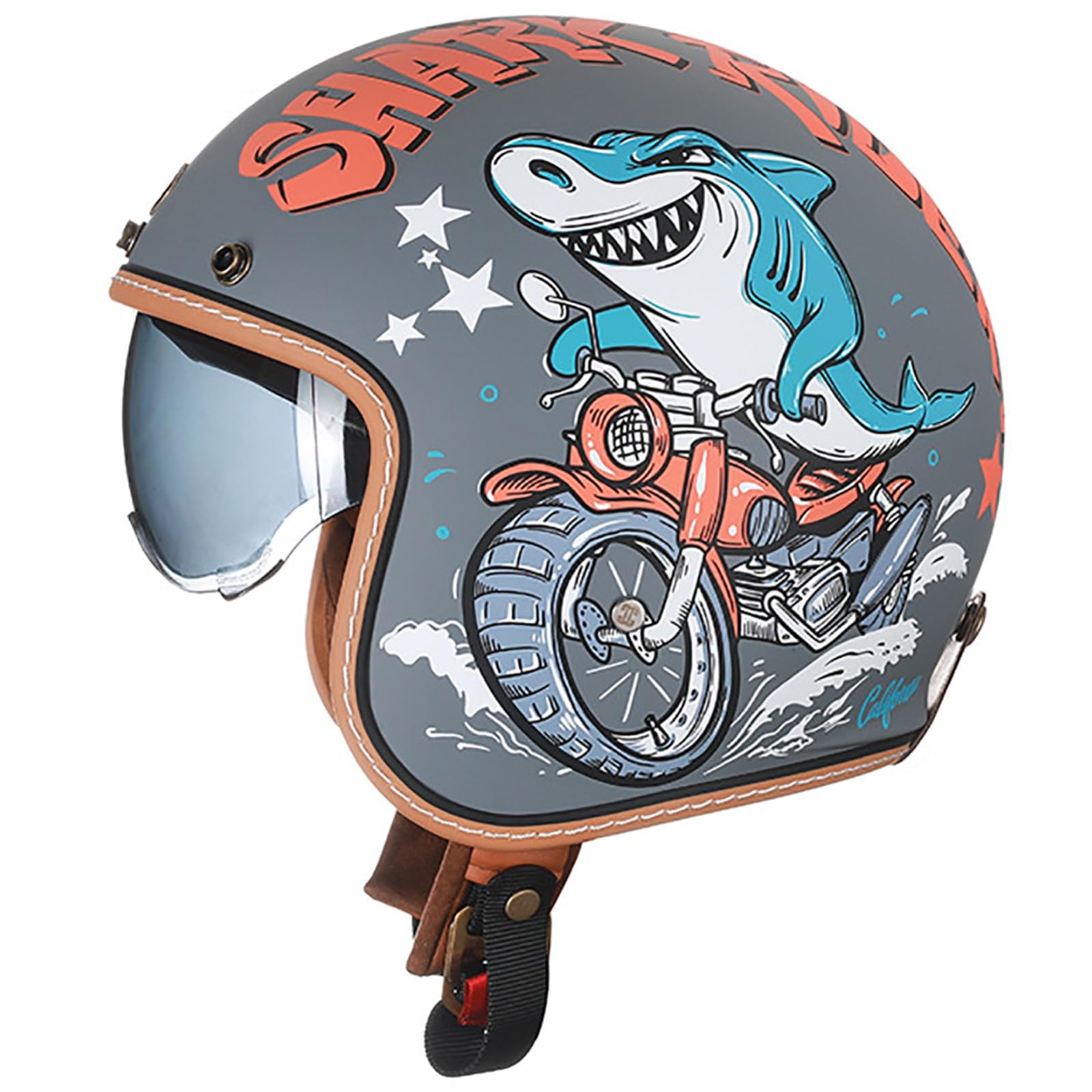 GJCKOPIUFA Offener Retro-Motorradhelm, 3/4-Motorradhelm Mit Visier Und Kinnriemen Mit Schnellverschluss, Unisex-Halbhelm Für Erwachsene, Geeignet Für Mopeds, DOT/ECE-Geprüft A,L/(59~60cm) von GJCKOPIUFA