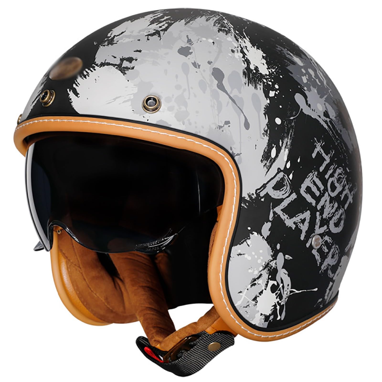 GJCKOPIUFA Offener Retro-Motorradhelm, 3/4-Motorradhelm Mit Visier Und Kinnriemen Mit Schnellverschluss, Unisex-Halbhelm Für Erwachsene, Geeignet Für Mopeds, DOT/ECE-Geprüft C,L/(59~60cm) von GJCKOPIUFA